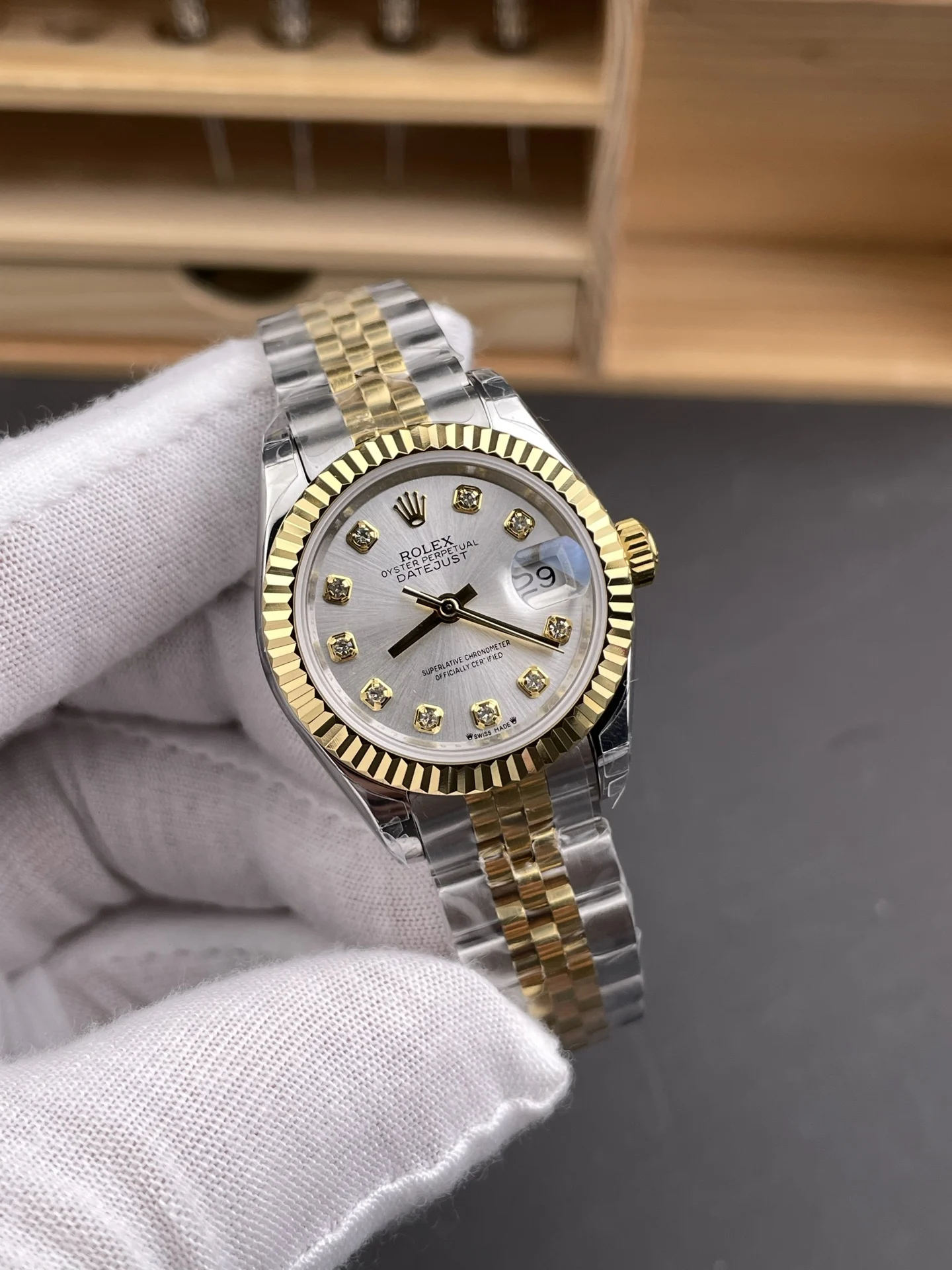 Rolex Datejust Two-Tone Silver Dial Diamond-Set 28mm — photographed off the sweep