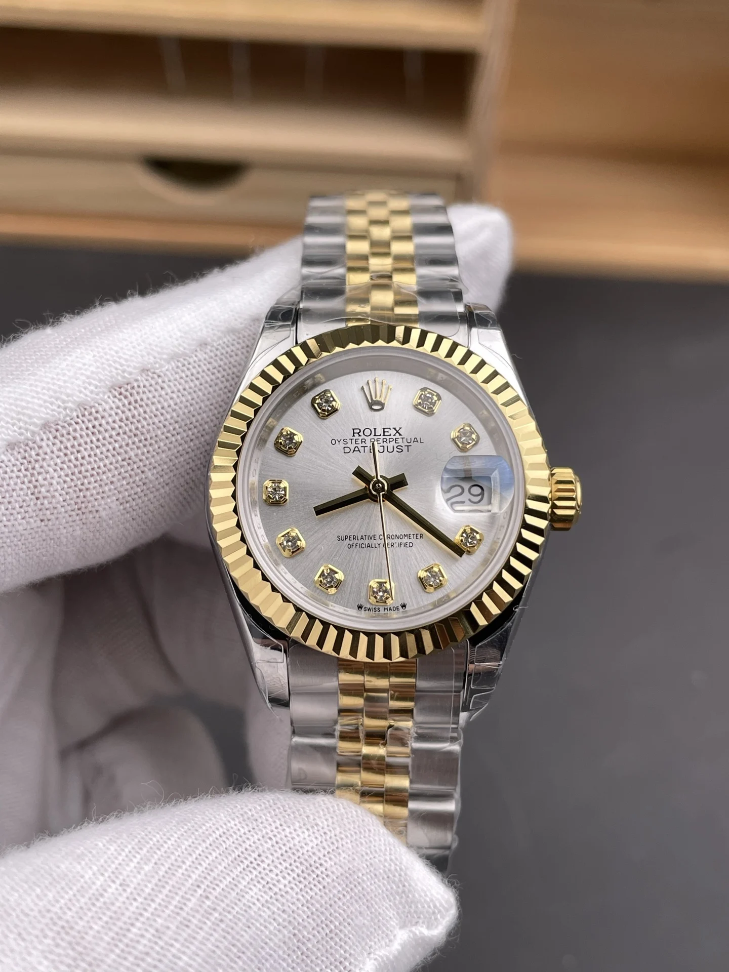 Rolex Datejust Two-Tone Silver Dial Diamond-Set 28mm — photographed off the sweep