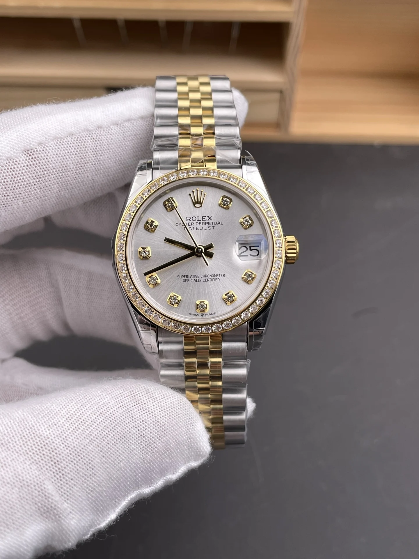 Rolex Datejust Two-Tone Silver Dial Diamond-Set 31mm — photographed off the sweep