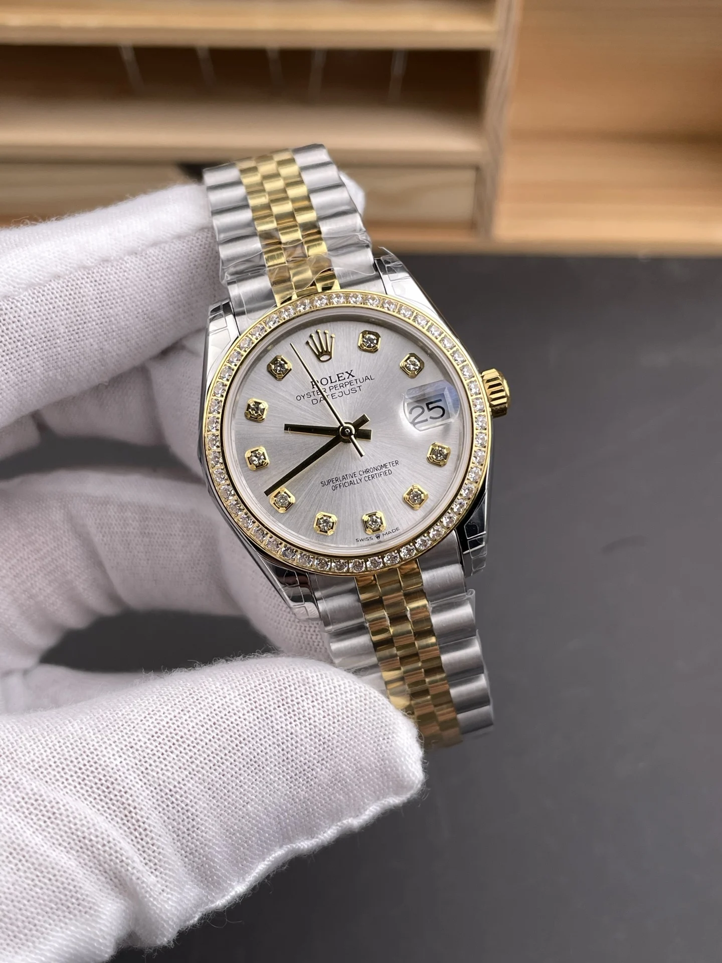 Rolex Datejust Two-Tone Silver Dial Diamond-Set 31mm — photographed off the sweep