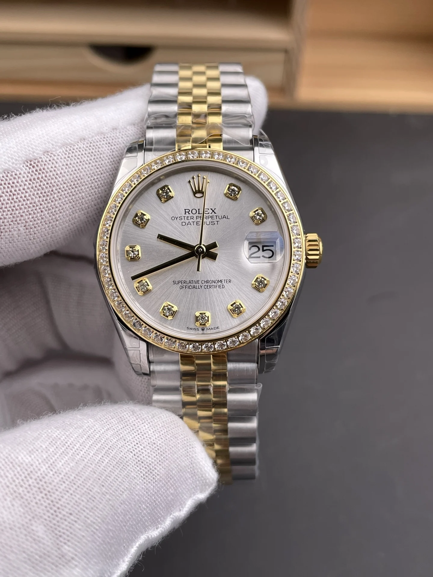 Rolex Datejust Two-Tone Silver Dial Diamond-Set 31mm — photographed off the sweep