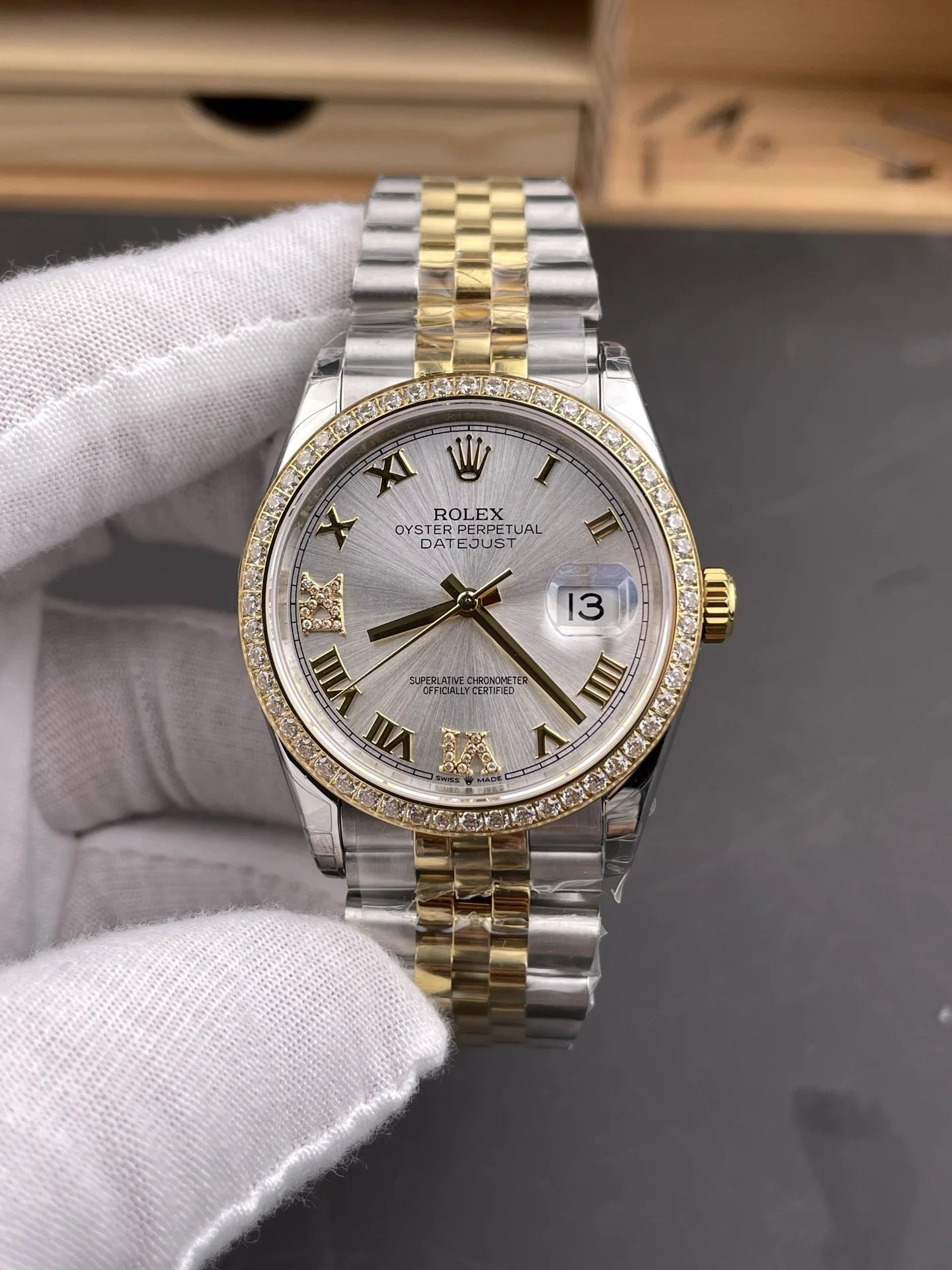 Rolex Datejust Two-Tone Silver Dial Diamond-Set 36mm — photographed off the sweep
