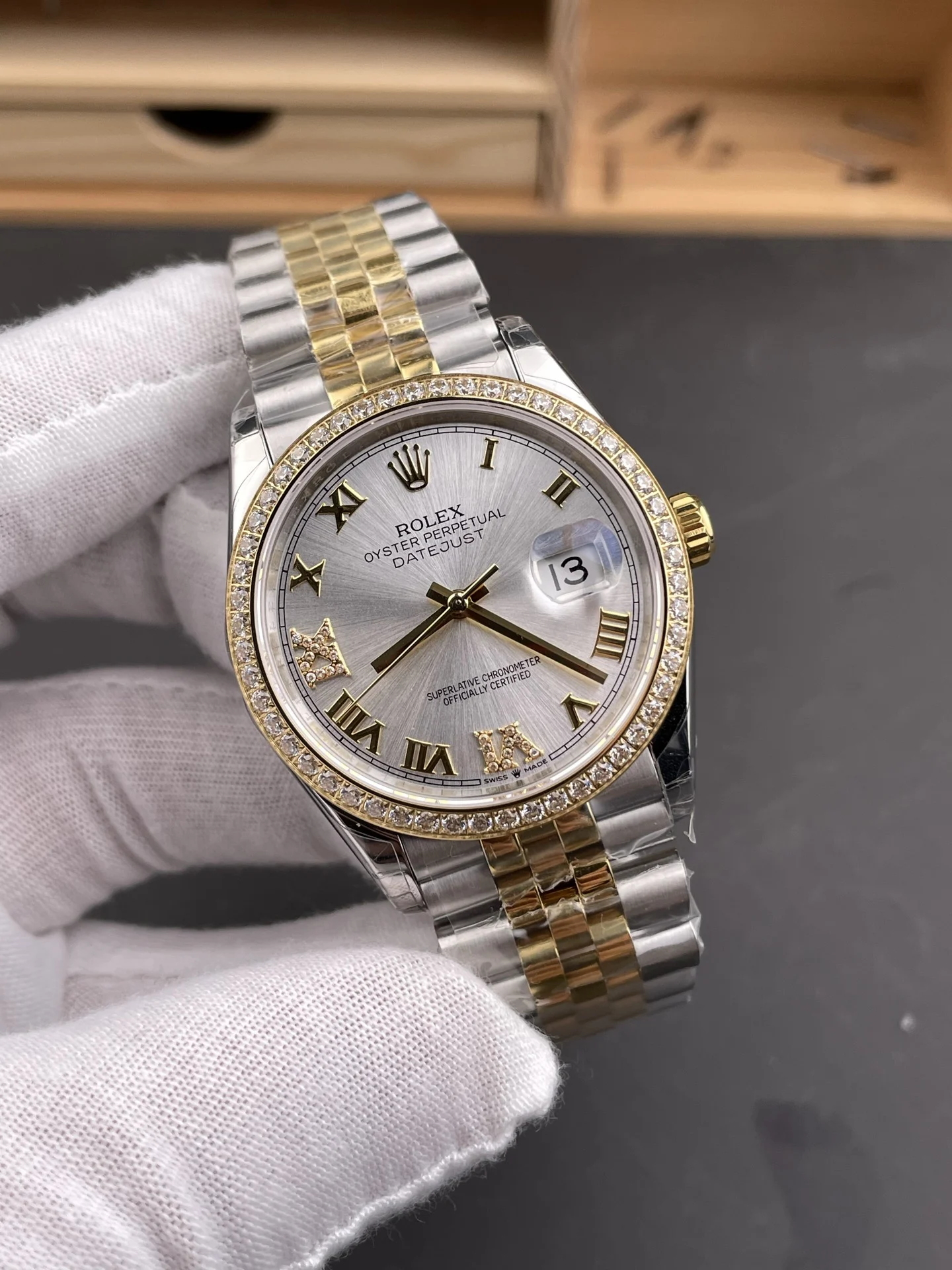 Rolex Datejust Two-Tone Silver Dial Diamond-Set 36mm — photographed off the sweep