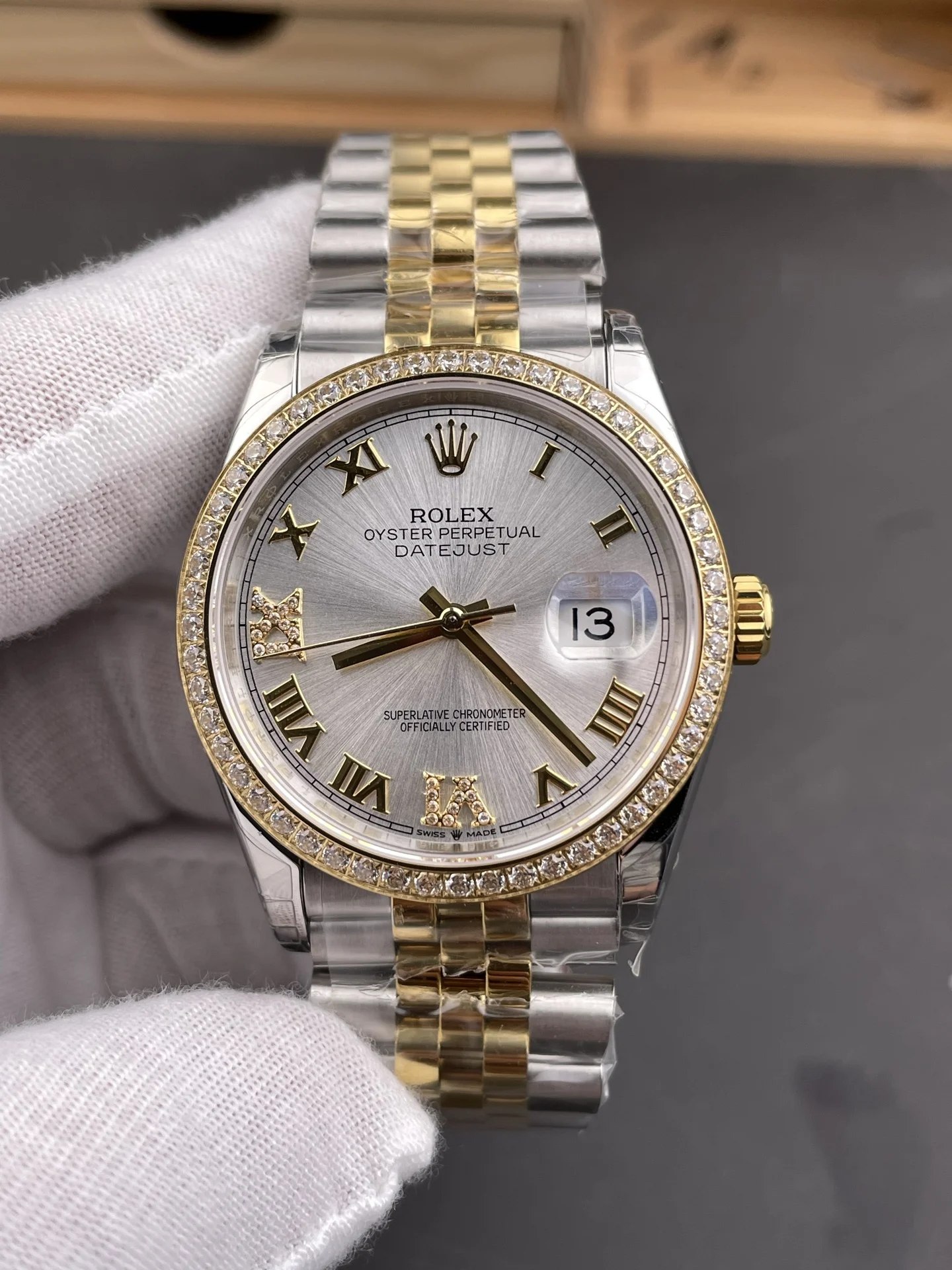 Rolex Datejust Two-Tone Silver Dial Diamond-Set 36mm — photographed off the sweep