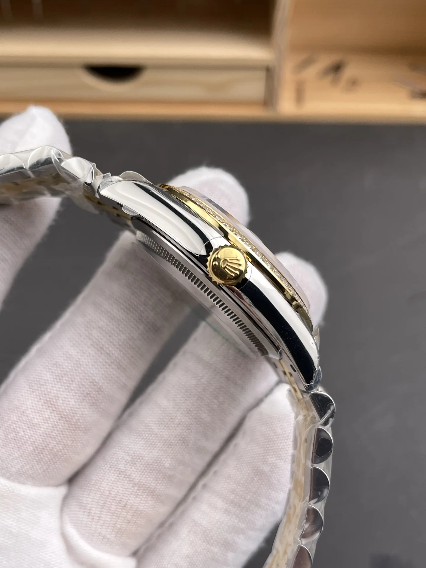 Rolex Datejust Two-Tone Silver Dial Diamond-Set 36mm — photographed off the sweep