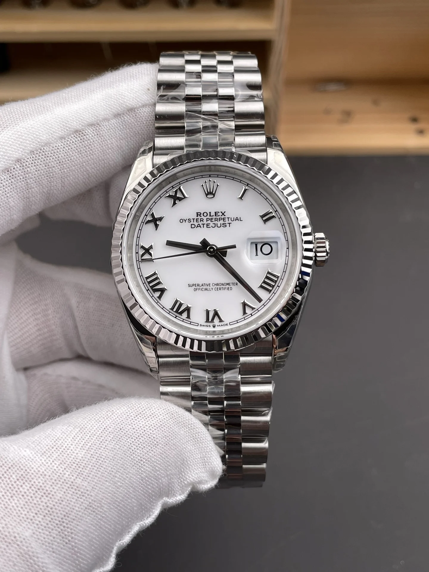 Rolex Datejust White Dial 36mm — photographed off the sweep