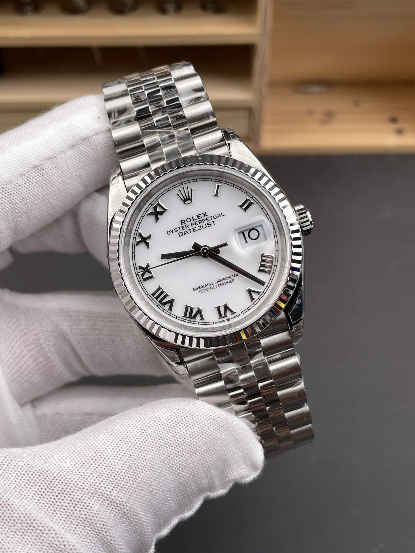 Rolex Datejust White Dial 36mm — photographed off the sweep