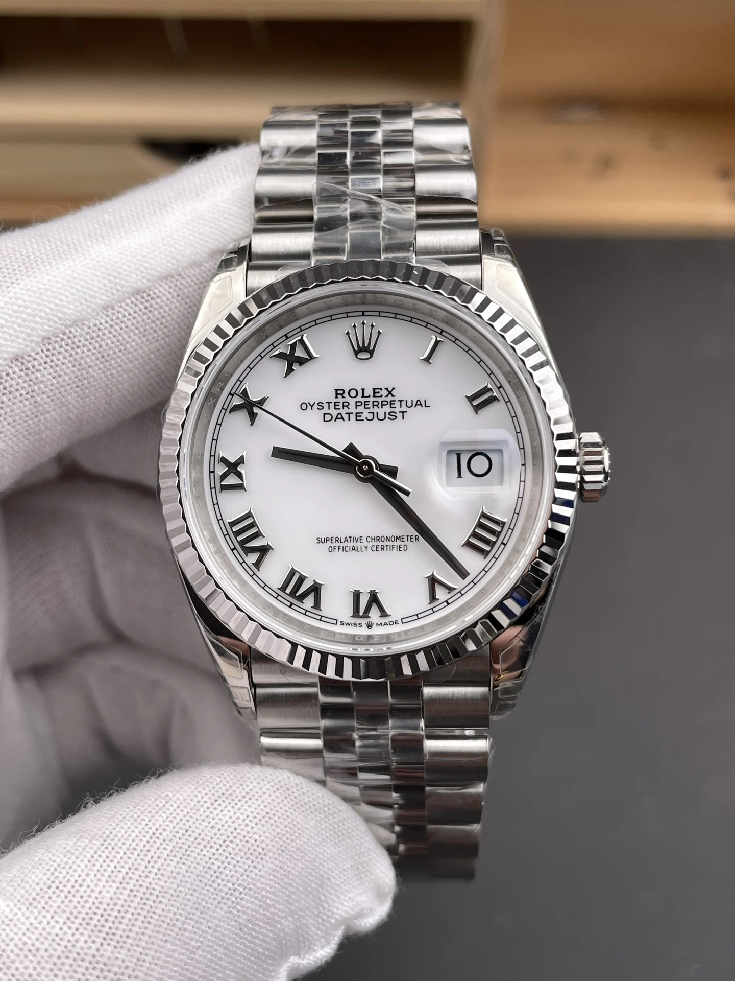 Rolex Datejust White Dial 36mm — photographed off the sweep