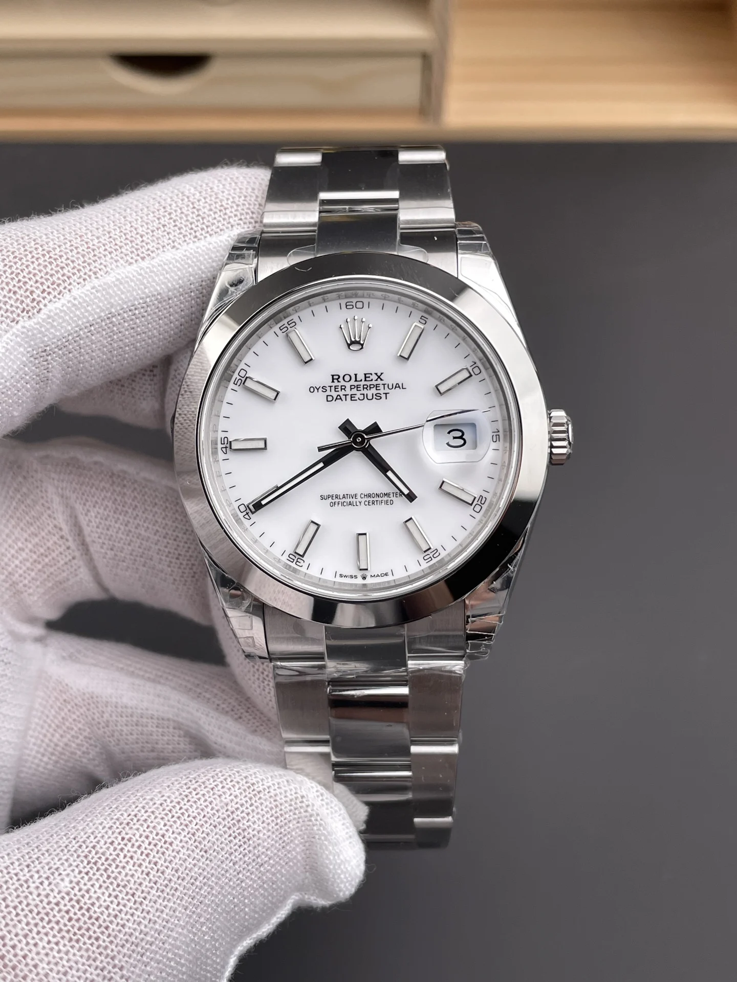 Rolex Datejust White Dial 41mm — photographed off the sweep