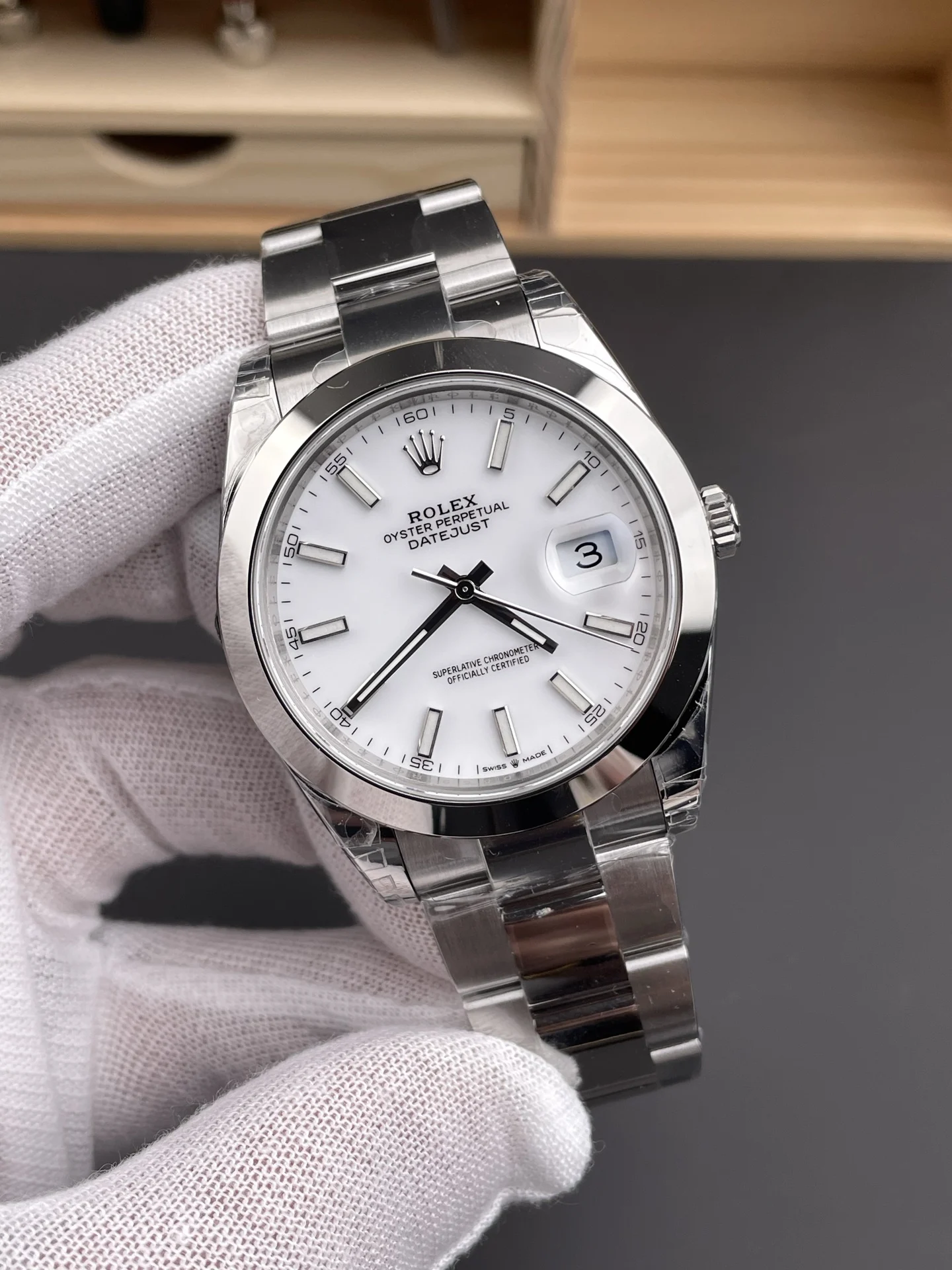 Rolex Datejust White Dial 41mm — photographed off the sweep