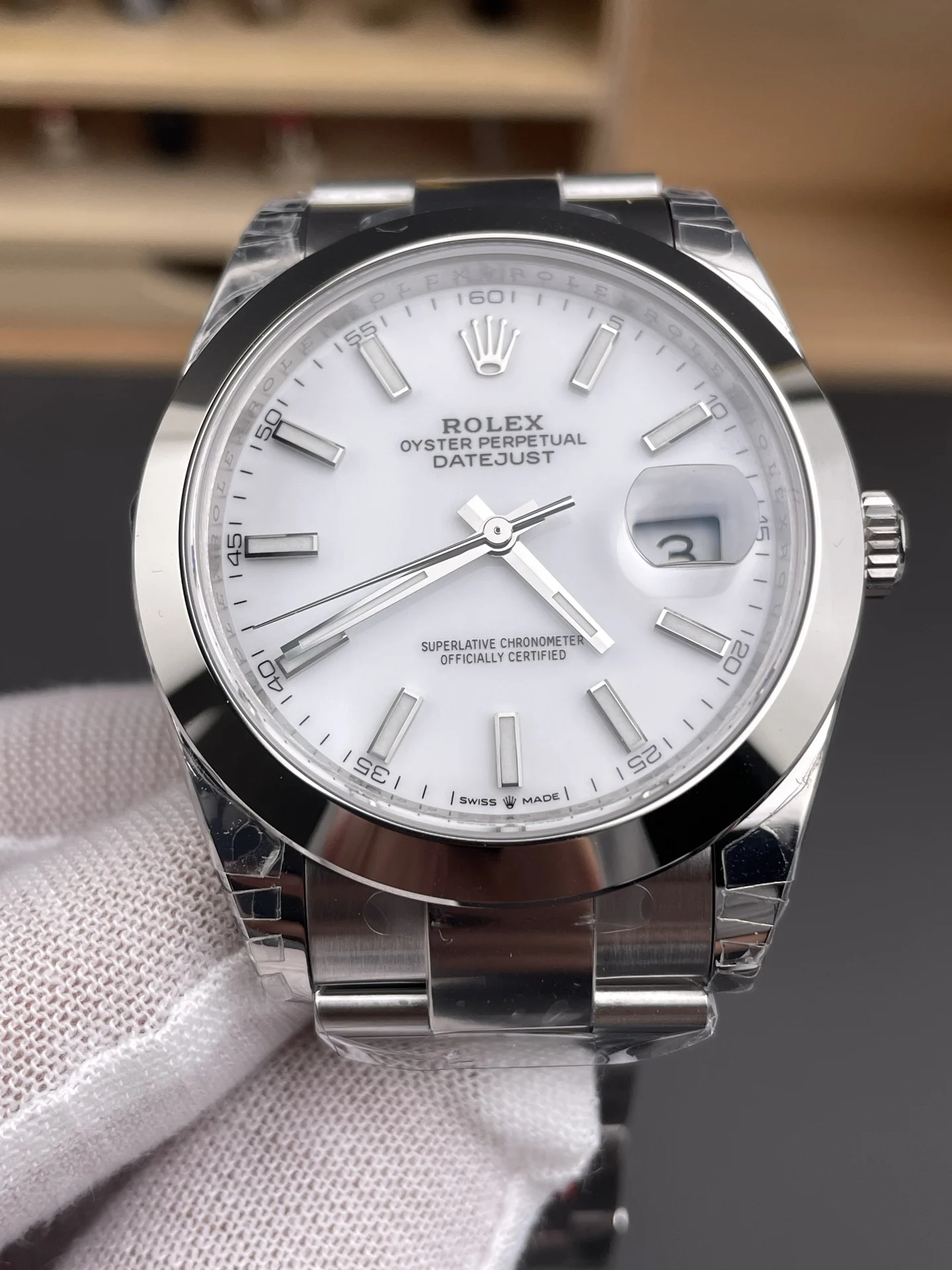 Rolex Datejust White Dial 41mm — photographed off the sweep
