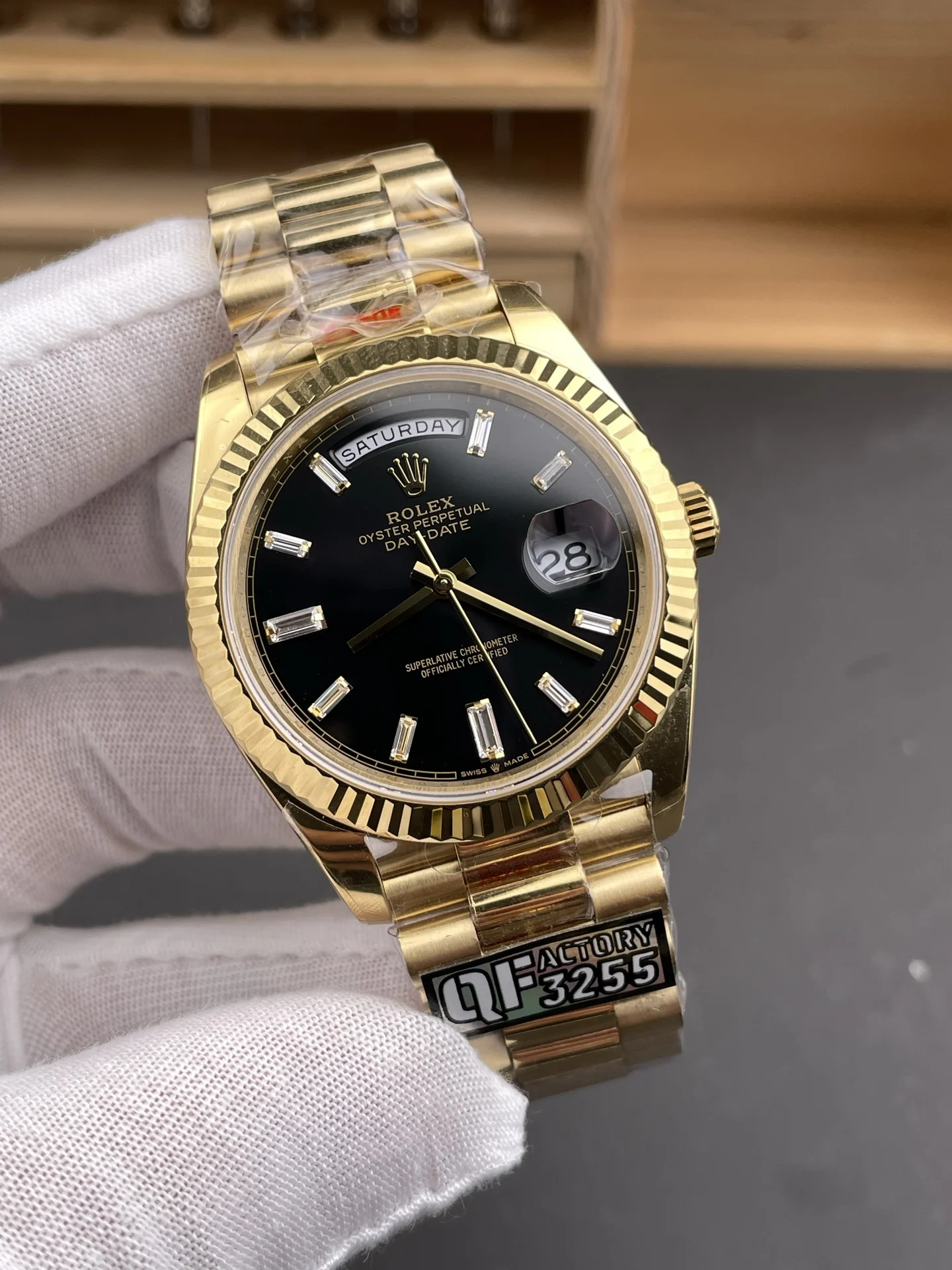 Rolex Day-Date Black Dial 40mm — photographed off the sweep