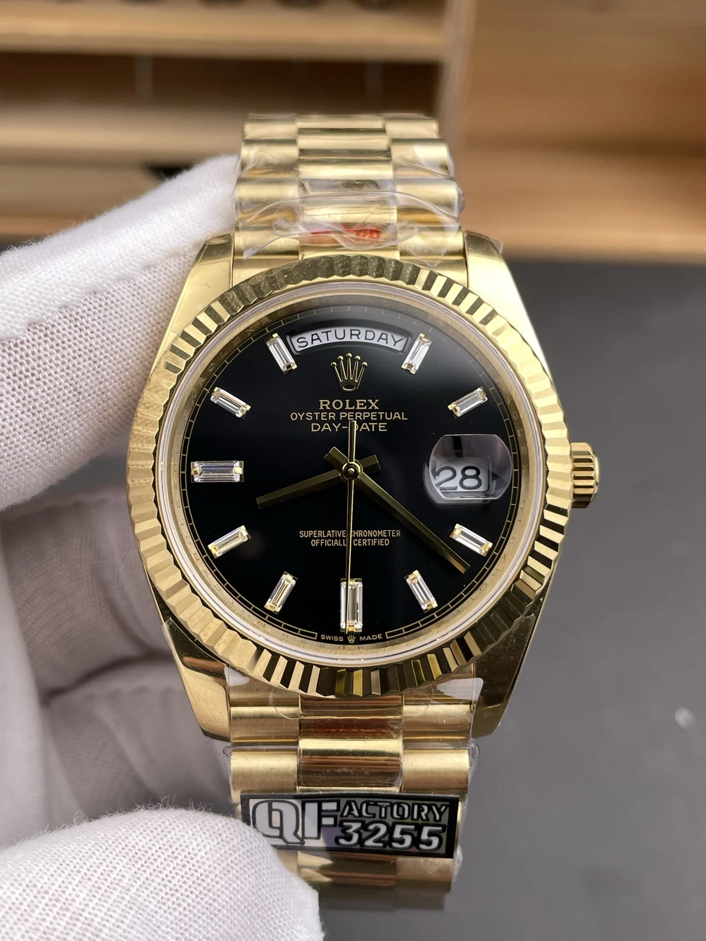 Rolex Day-Date Black Dial 40mm — photographed off the sweep