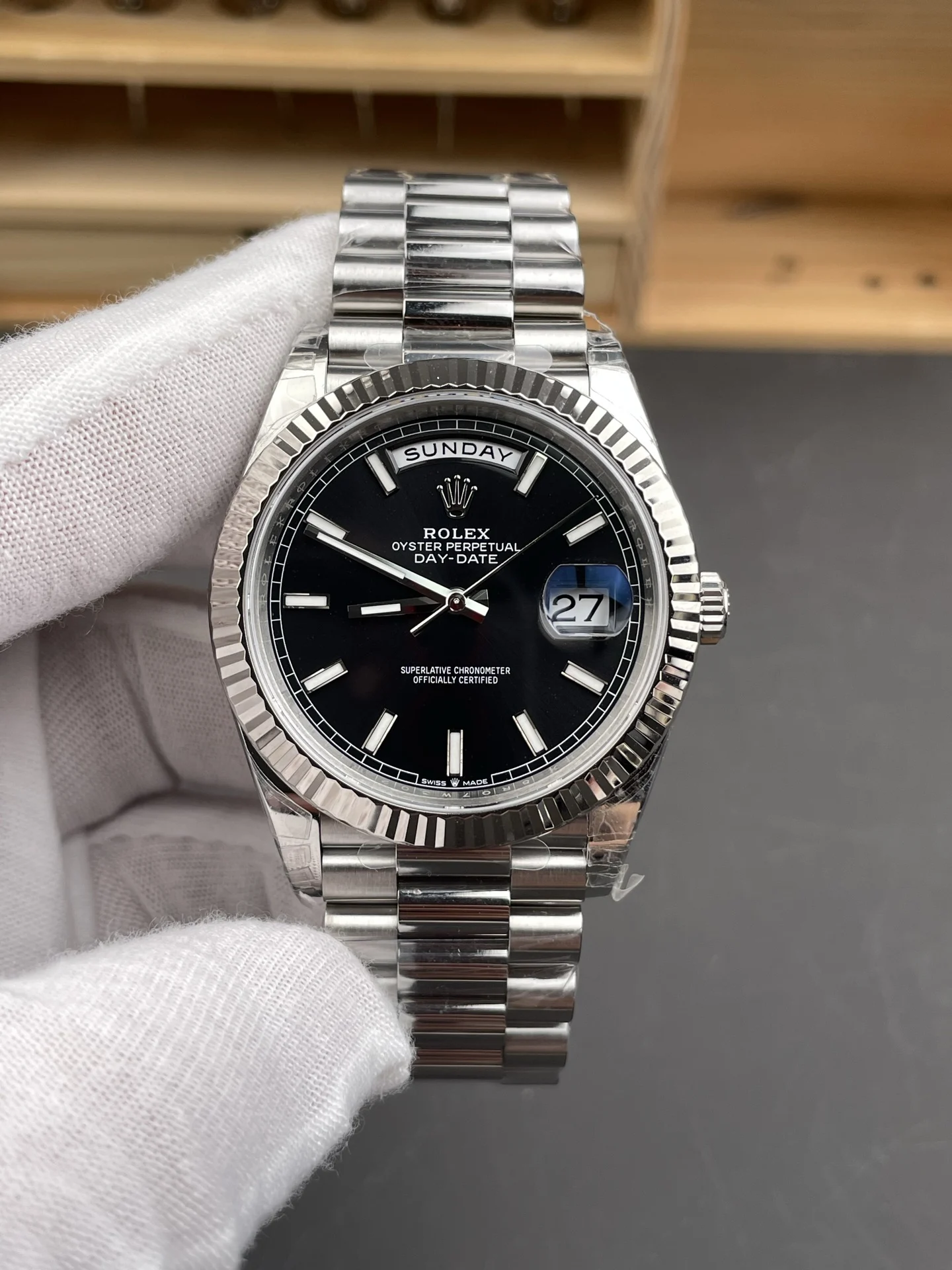 Rolex Day-Date Black Dial 40mm — photographed off the sweep