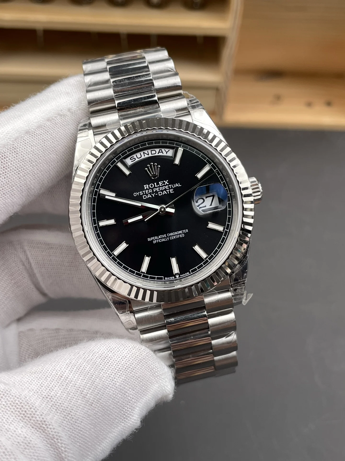 Rolex Day-Date Black Dial 40mm — photographed off the sweep