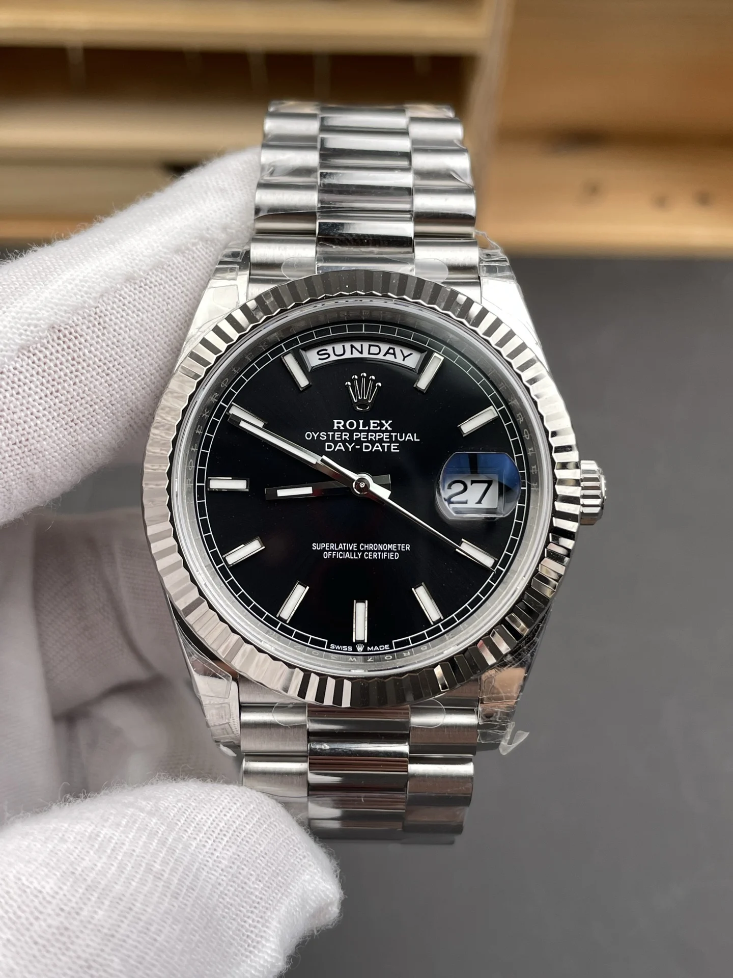 Rolex Day-Date Black Dial 40mm — photographed off the sweep