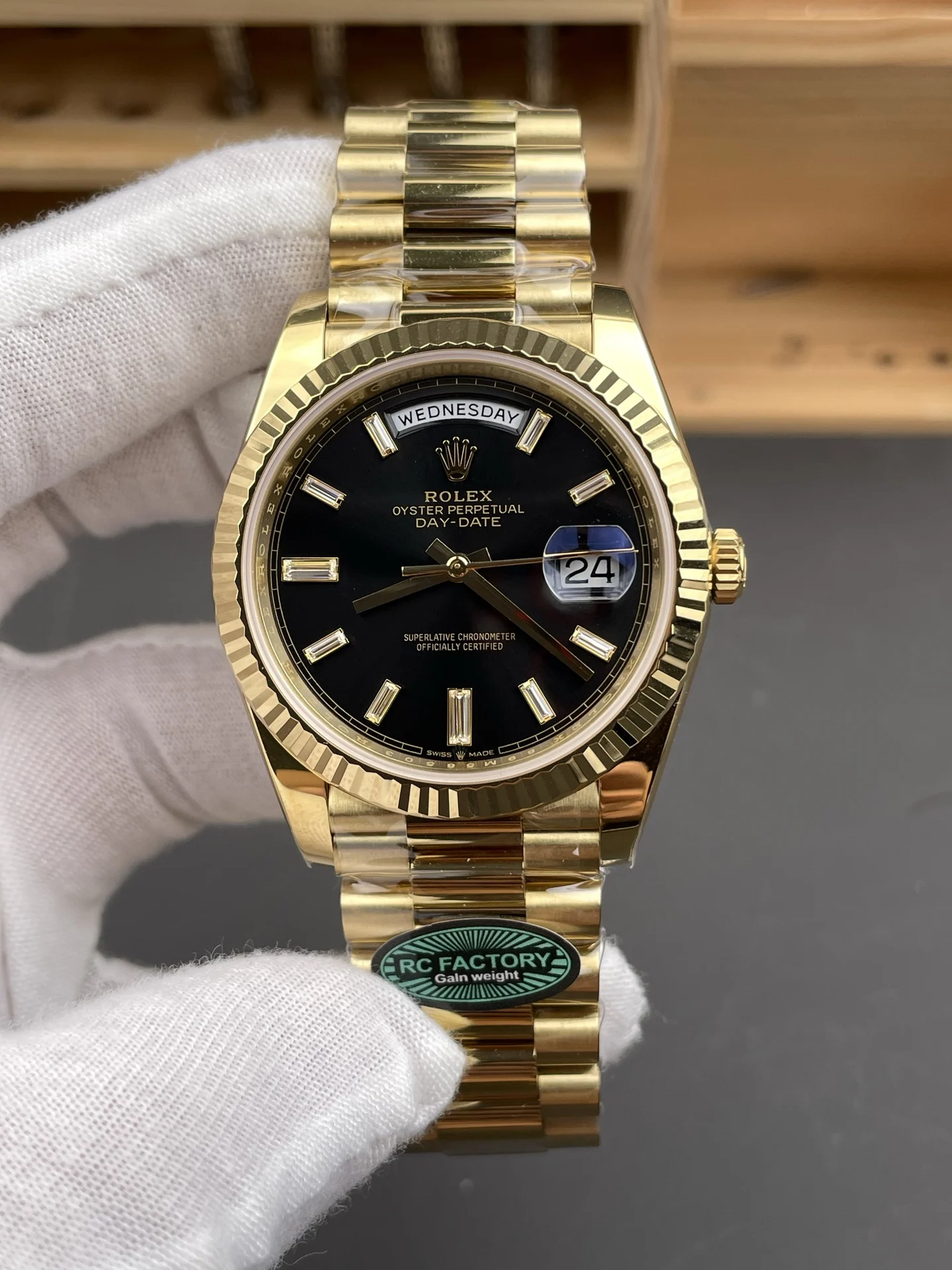 Rolex Day-Date Black Dial 40mm — photographed off the sweep