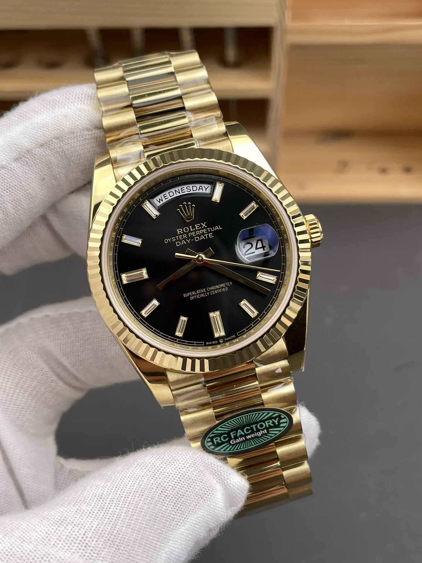 Rolex Day-Date Black Dial 40mm — photographed off the sweep