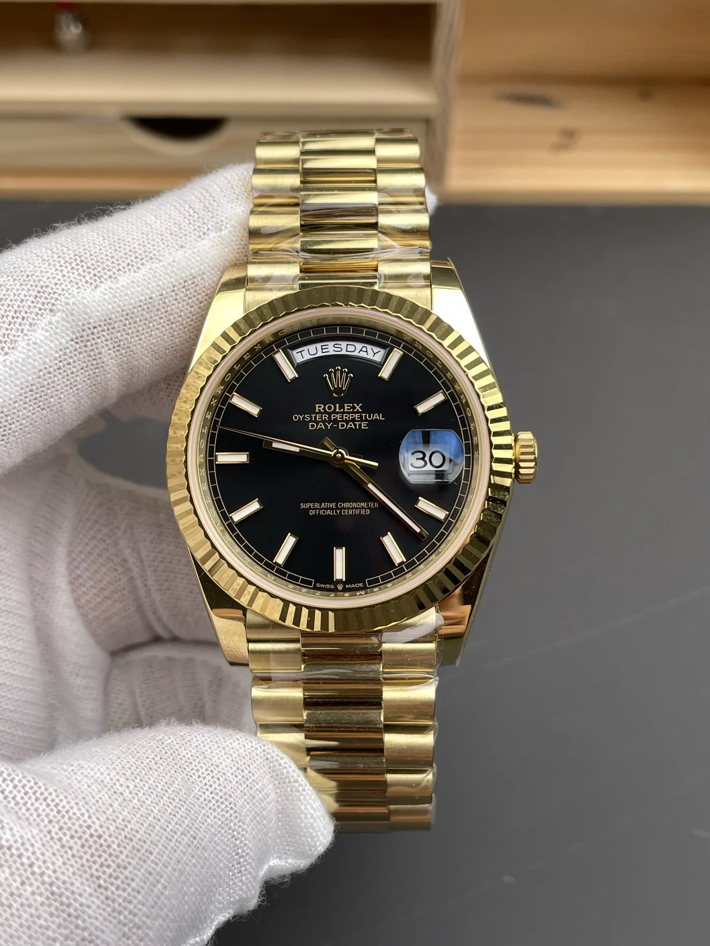 Rolex Day-Date Black Dial 40mm — photographed off the sweep