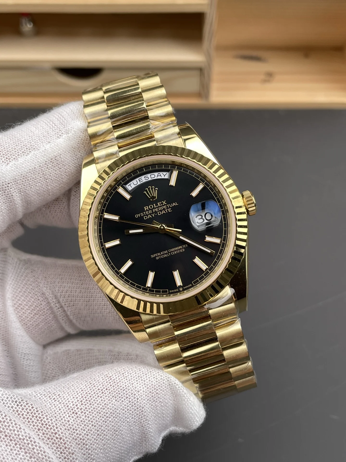 Rolex Day-Date Black Dial 40mm — photographed off the sweep