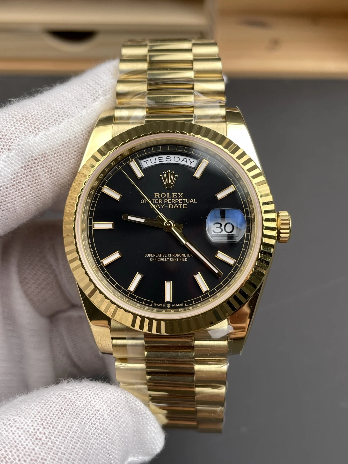 Rolex Day-Date Black Dial 40mm — photographed off the sweep