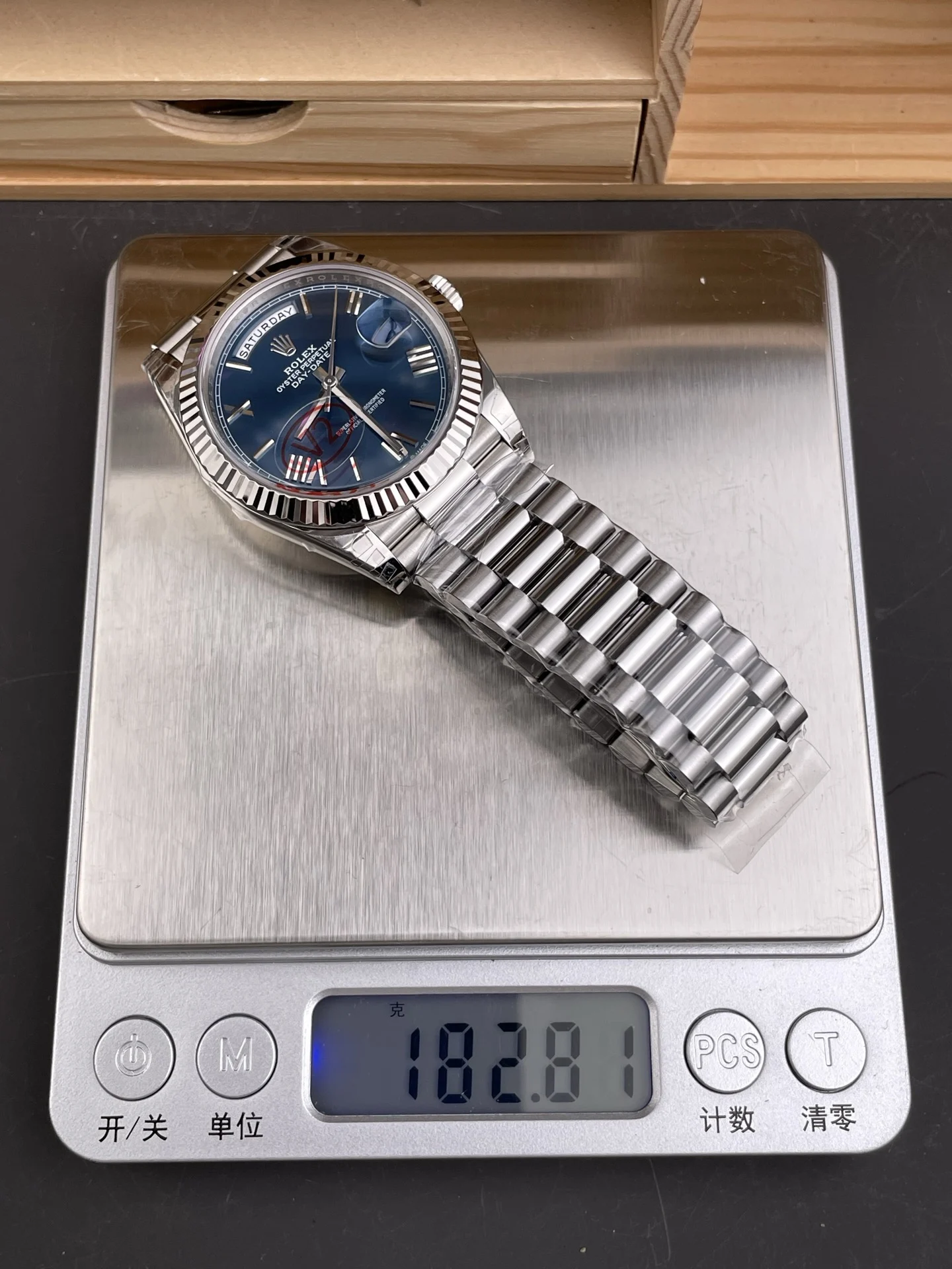 Rolex Day-Date Blue Dial 40mm — photographed off the sweep