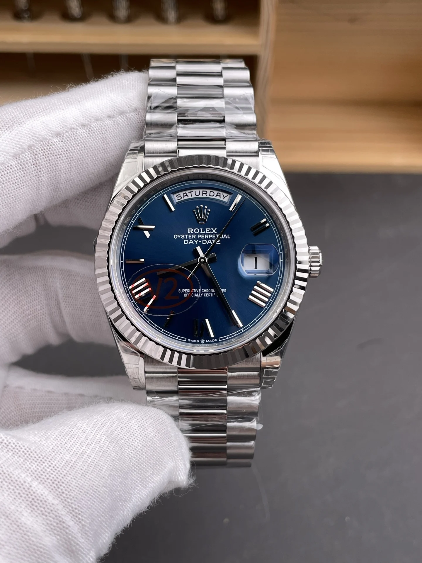 Rolex Day-Date Blue Dial 40mm — photographed off the sweep
