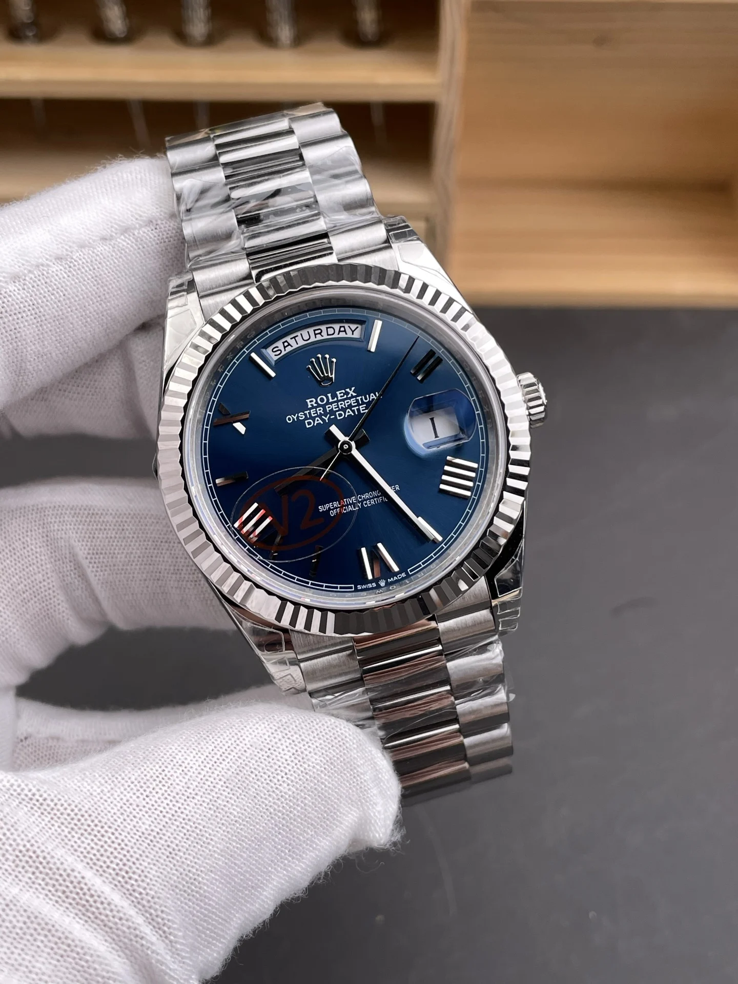 Rolex Day-Date Blue Dial 40mm — photographed off the sweep