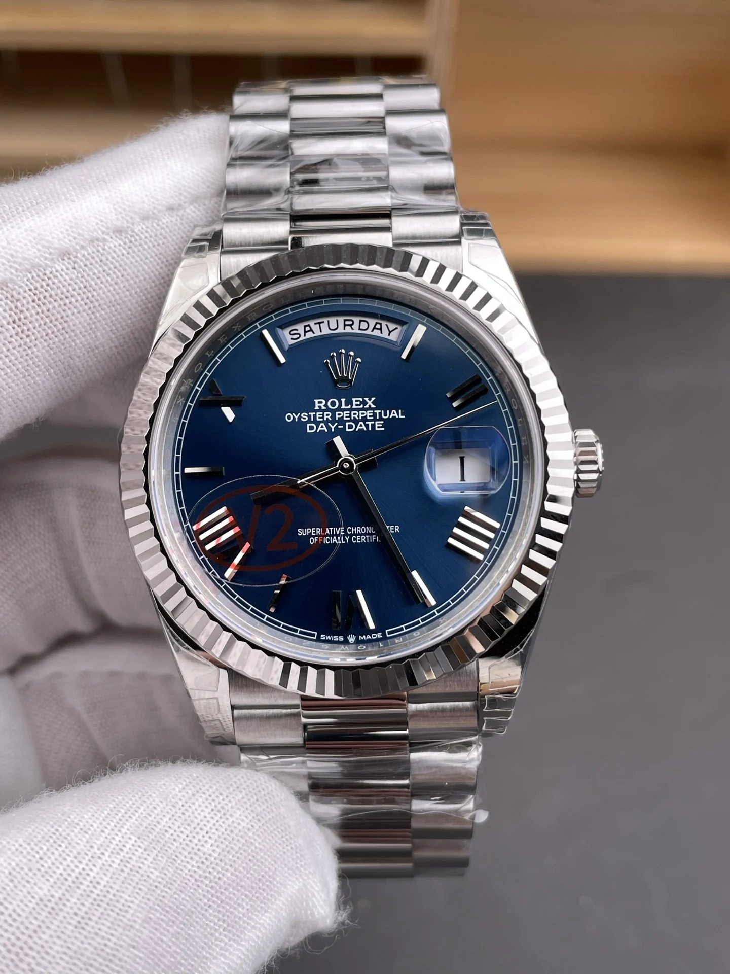 Rolex Day-Date Blue Dial 40mm — photographed off the sweep