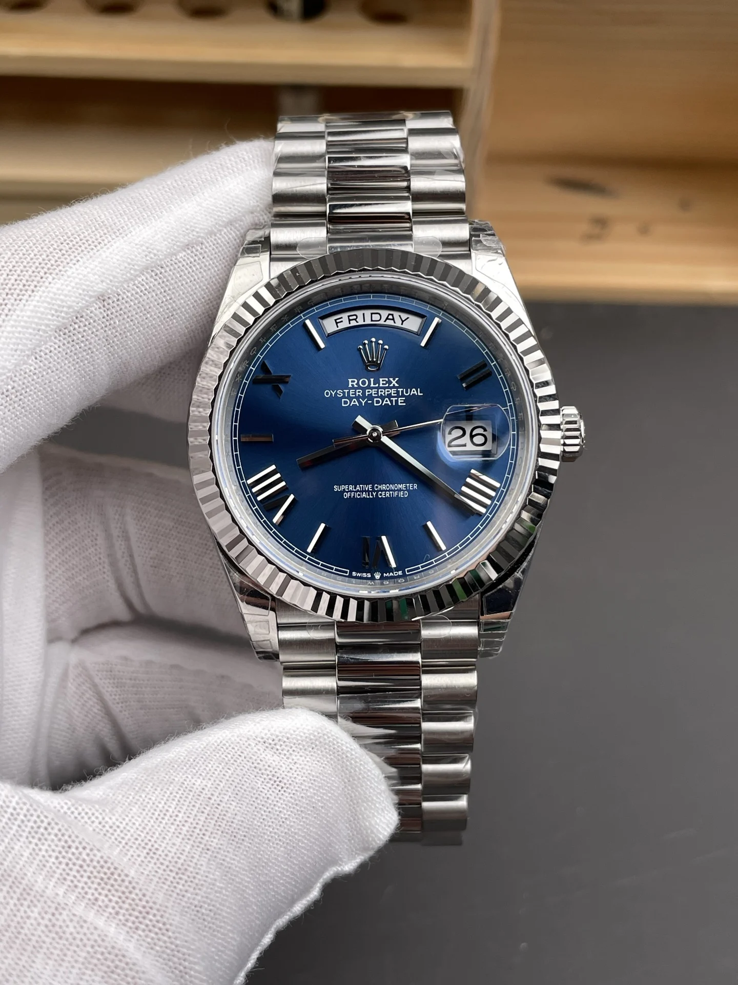 Rolex Day-Date Blue Dial 40mm — photographed off the sweep