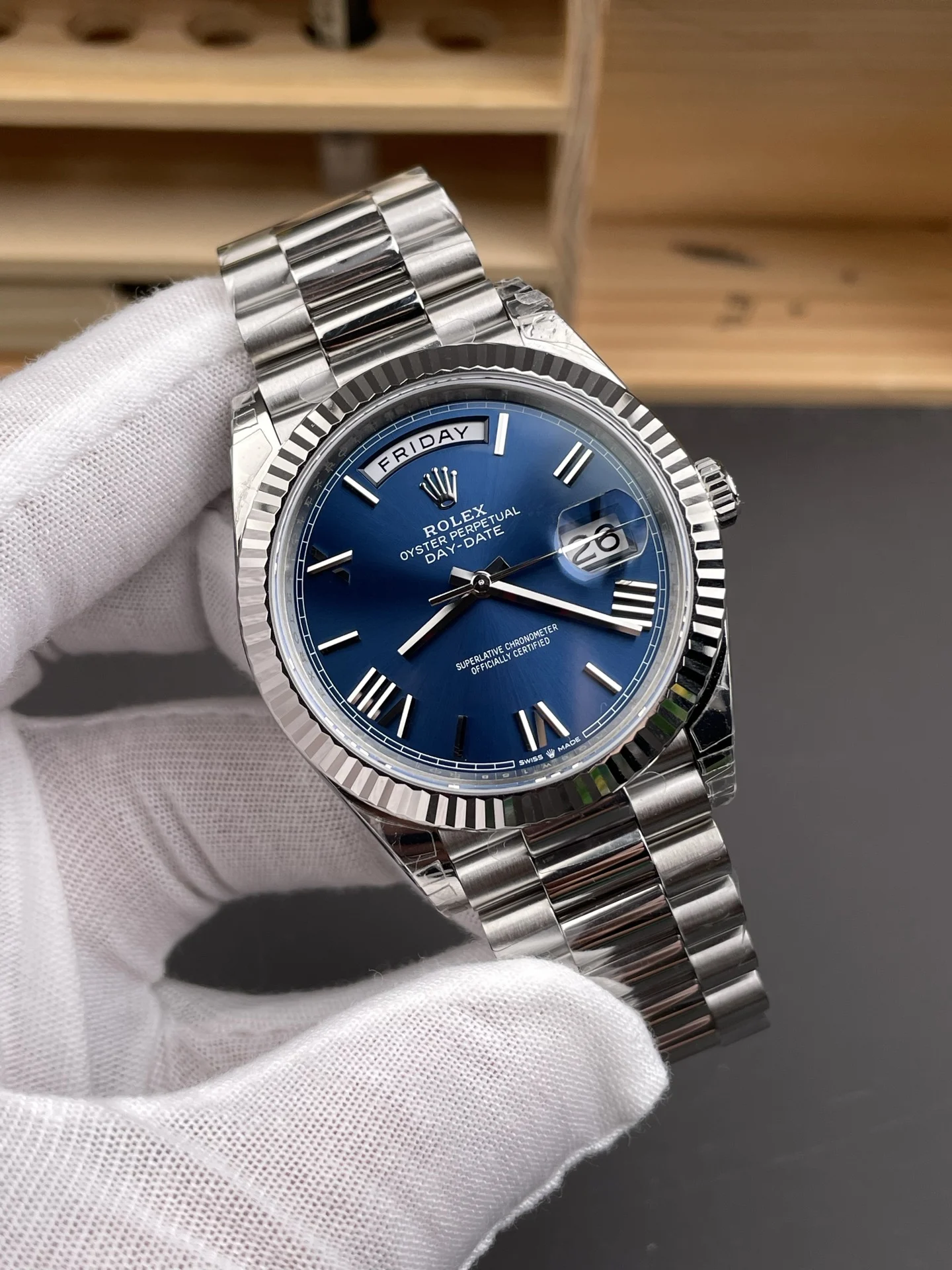 Rolex Day-Date Blue Dial 40mm — photographed off the sweep