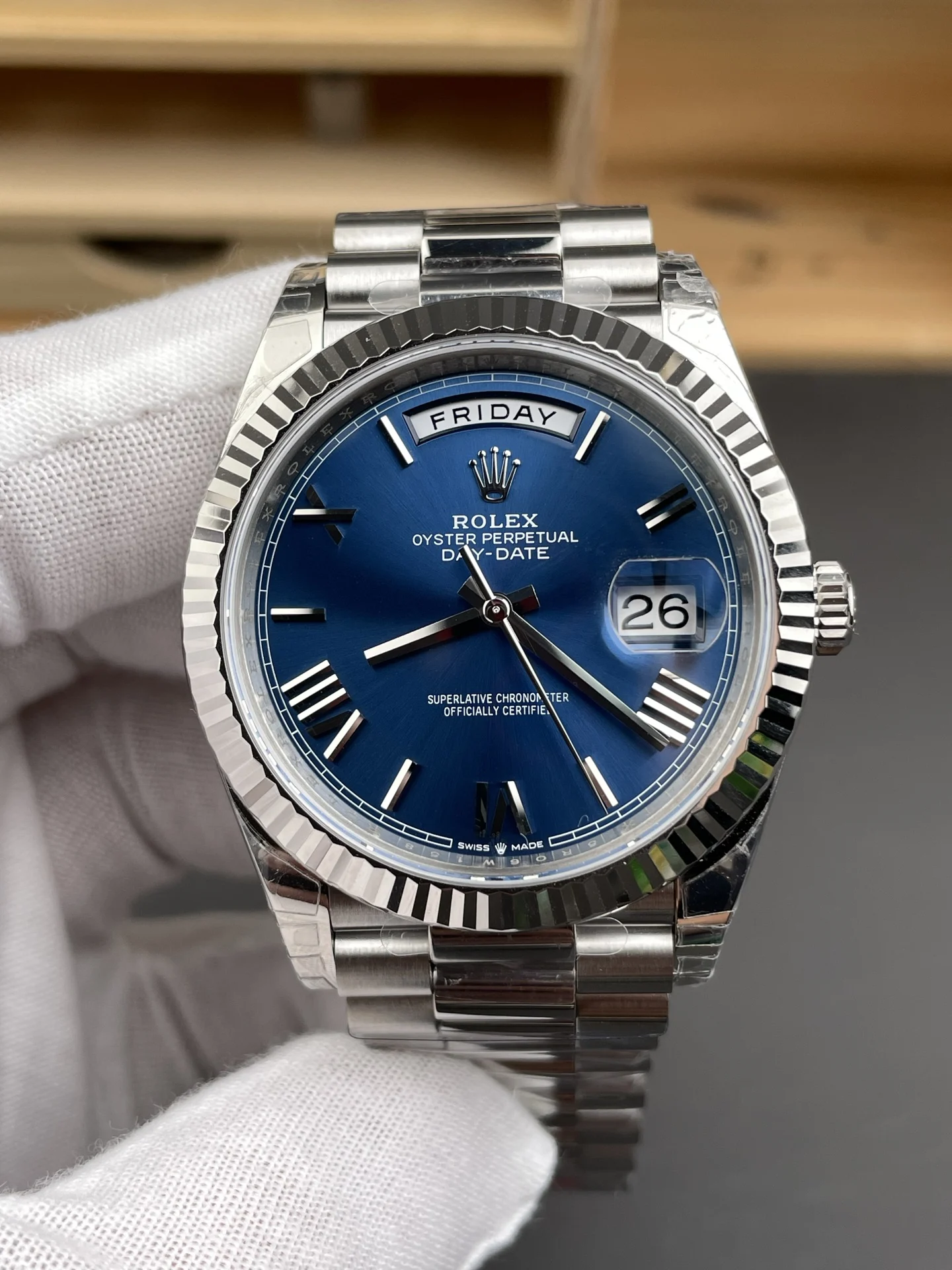 Rolex Day-Date Blue Dial 40mm — photographed off the sweep