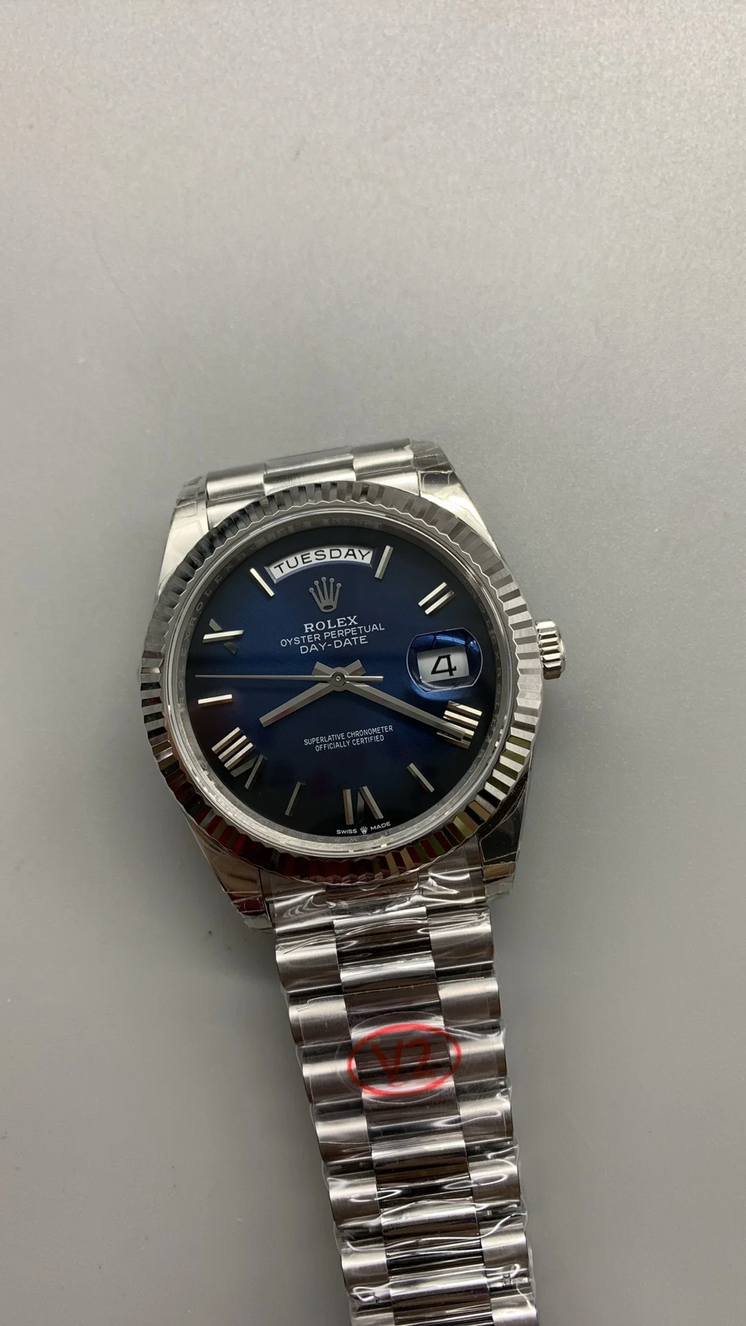 Rolex Day-Date Blue Dial 40mm — photographed off the sweep