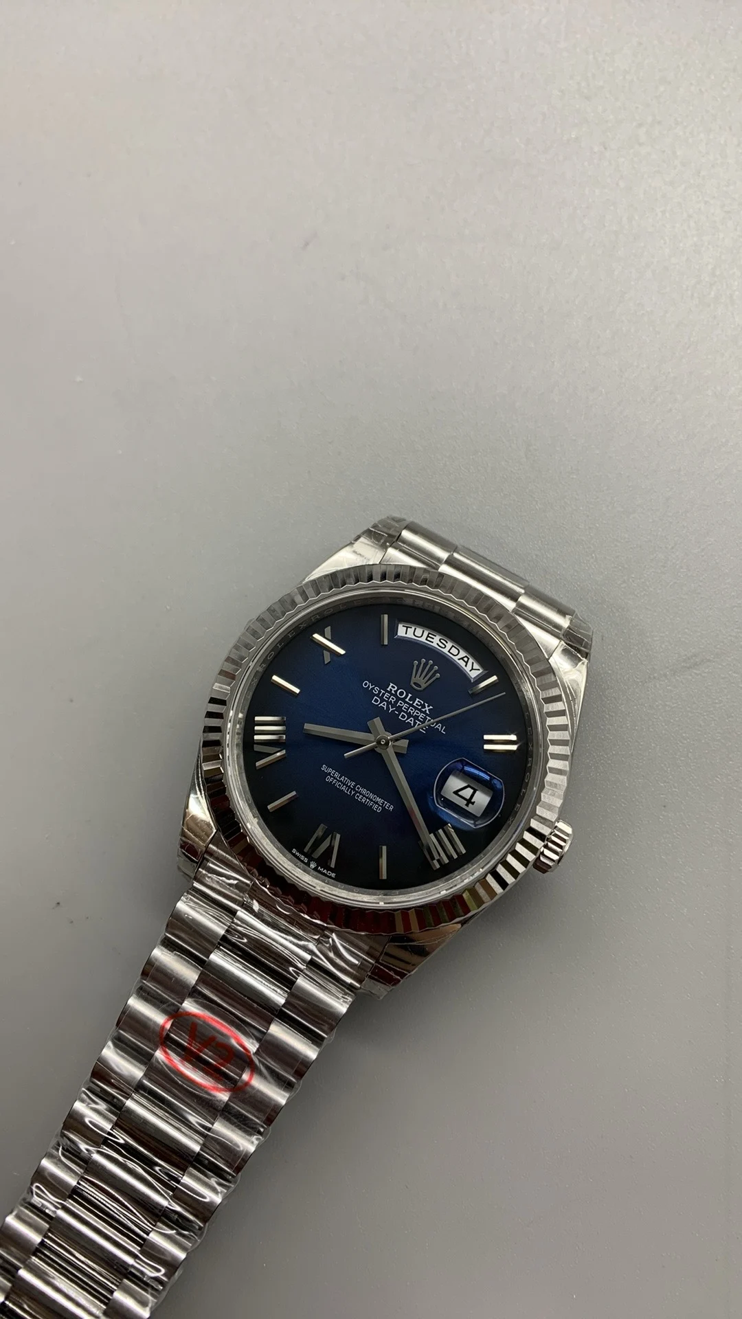 Rolex Day-Date Blue Dial 40mm — photographed off the sweep