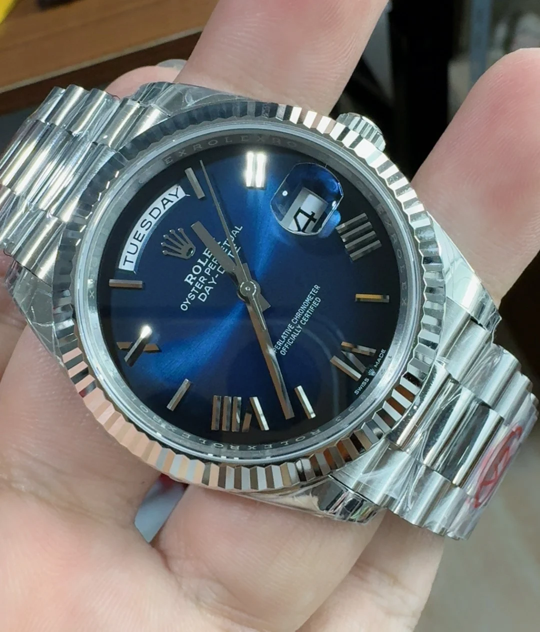 Rolex Day-Date Blue Dial 40mm — photographed off the sweep