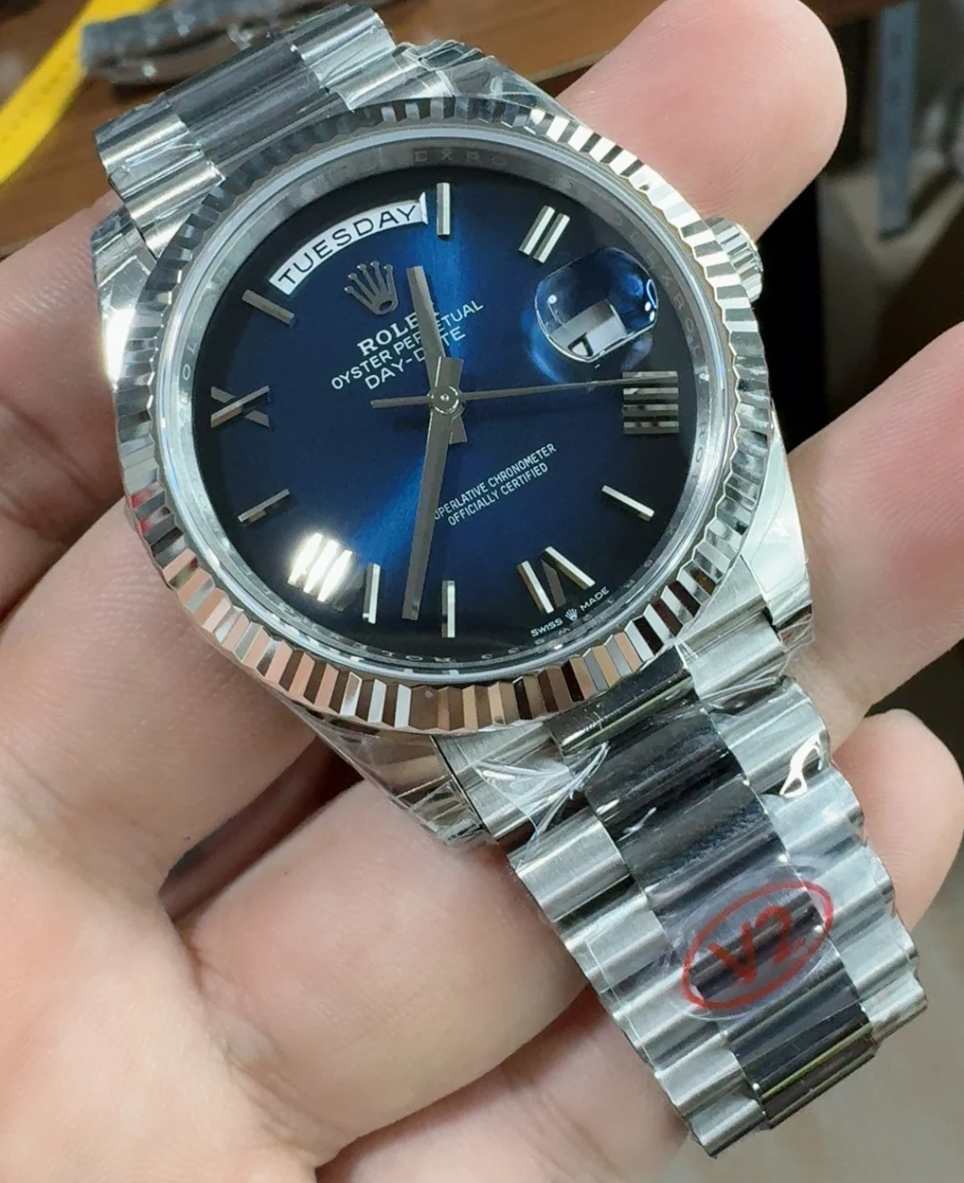 Rolex Day-Date Blue Dial 40mm — photographed off the sweep
