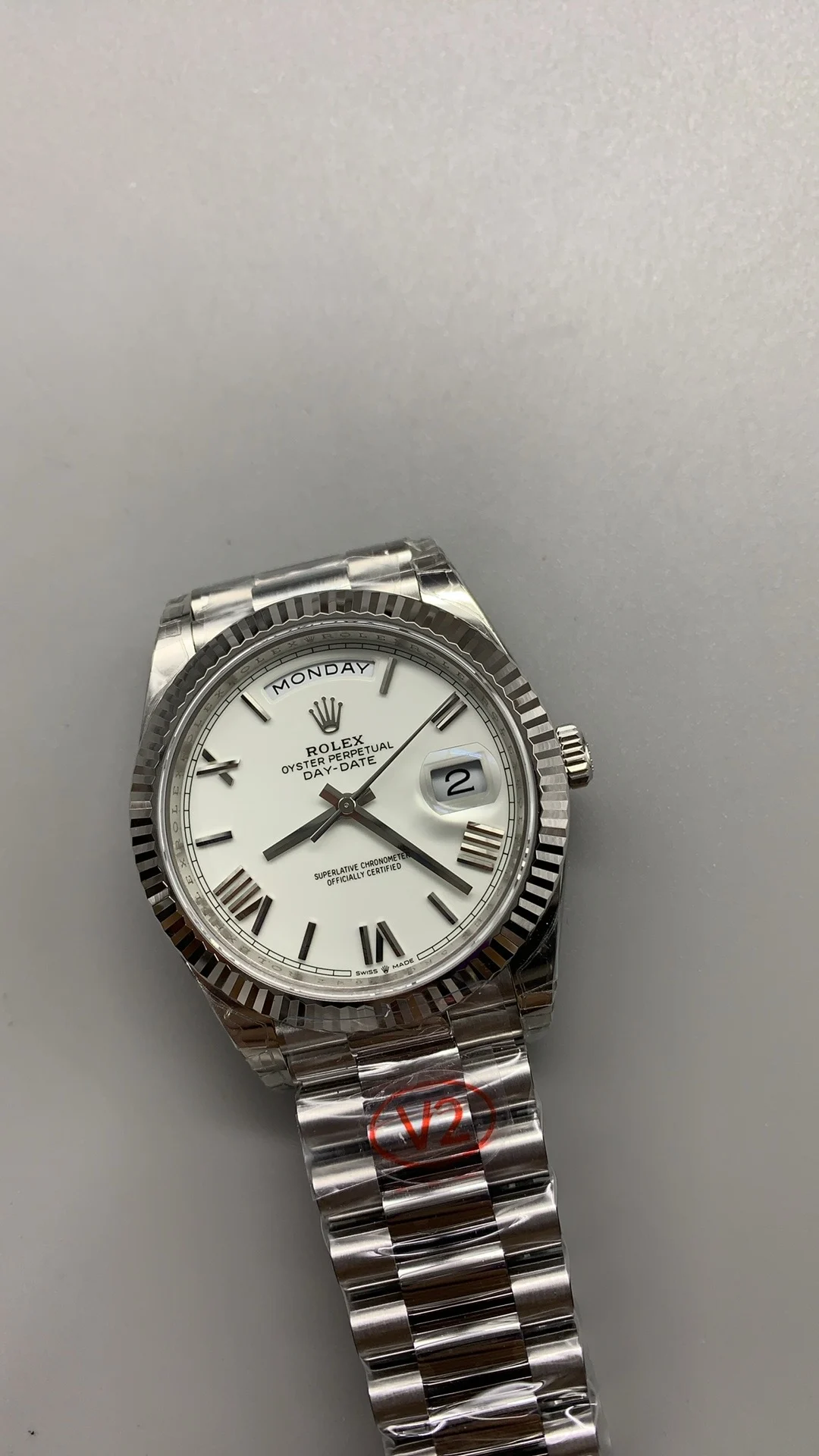 Rolex Day-Date Ceramic White Dial 40mm — photographed off the sweep