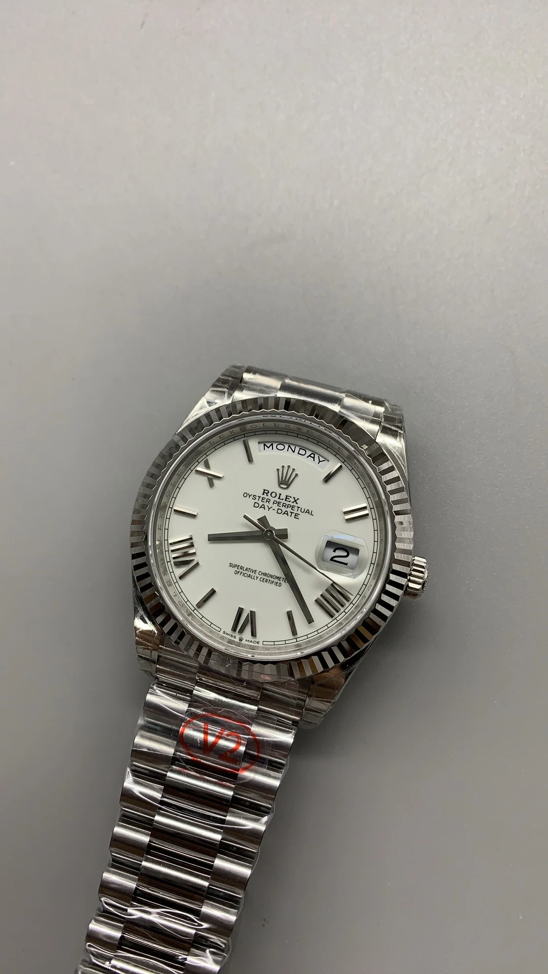 Rolex Day-Date Ceramic White Dial 40mm — photographed off the sweep