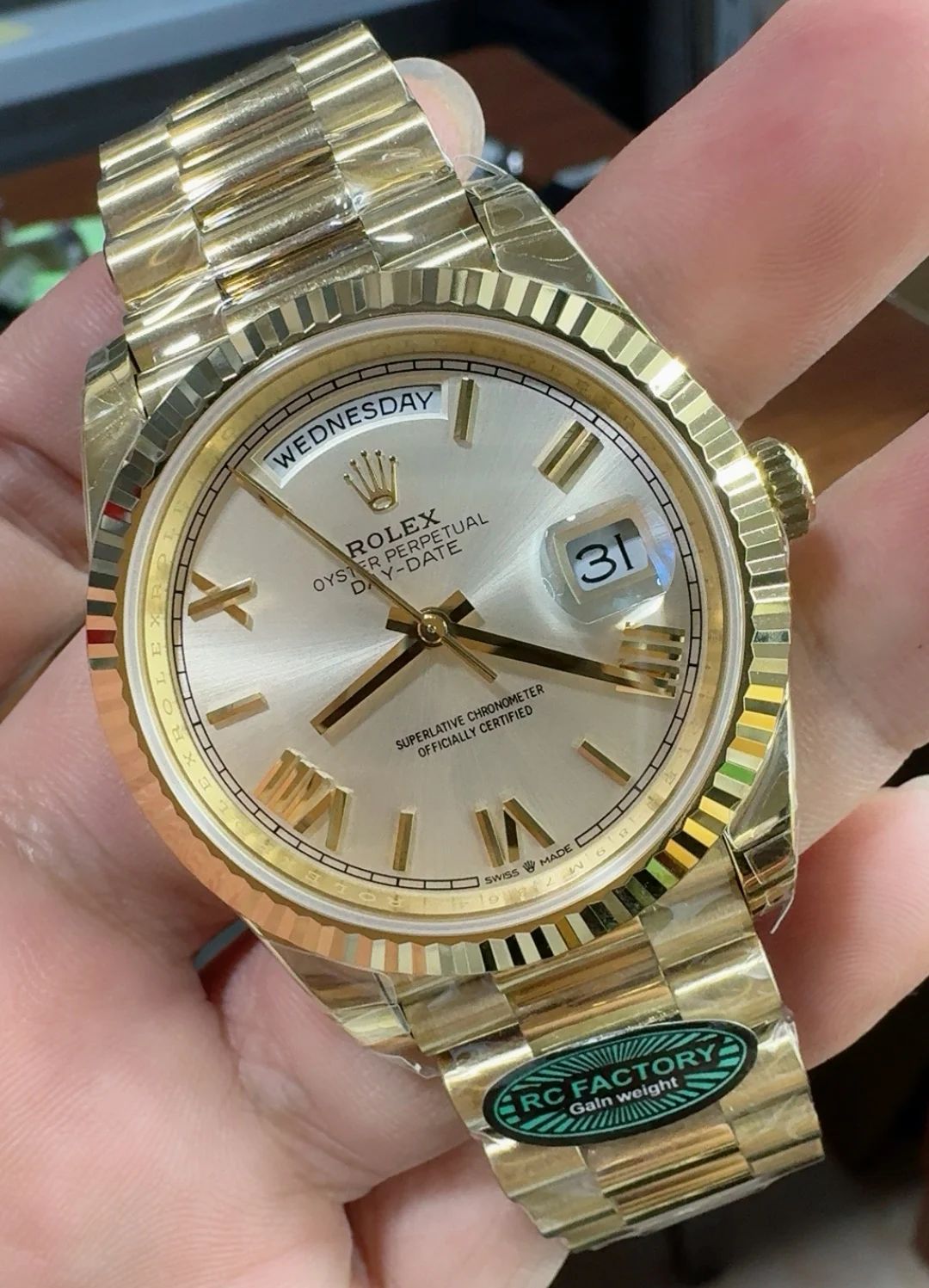Rolex Day-Date Champagne β photographed off the sweep