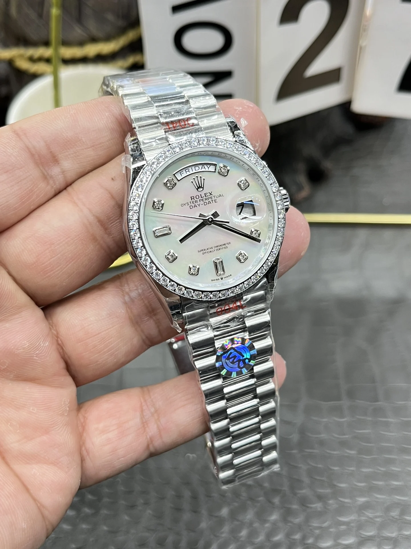 Rolex Day-Date Diamond-Set 36mm — photographed off the sweep