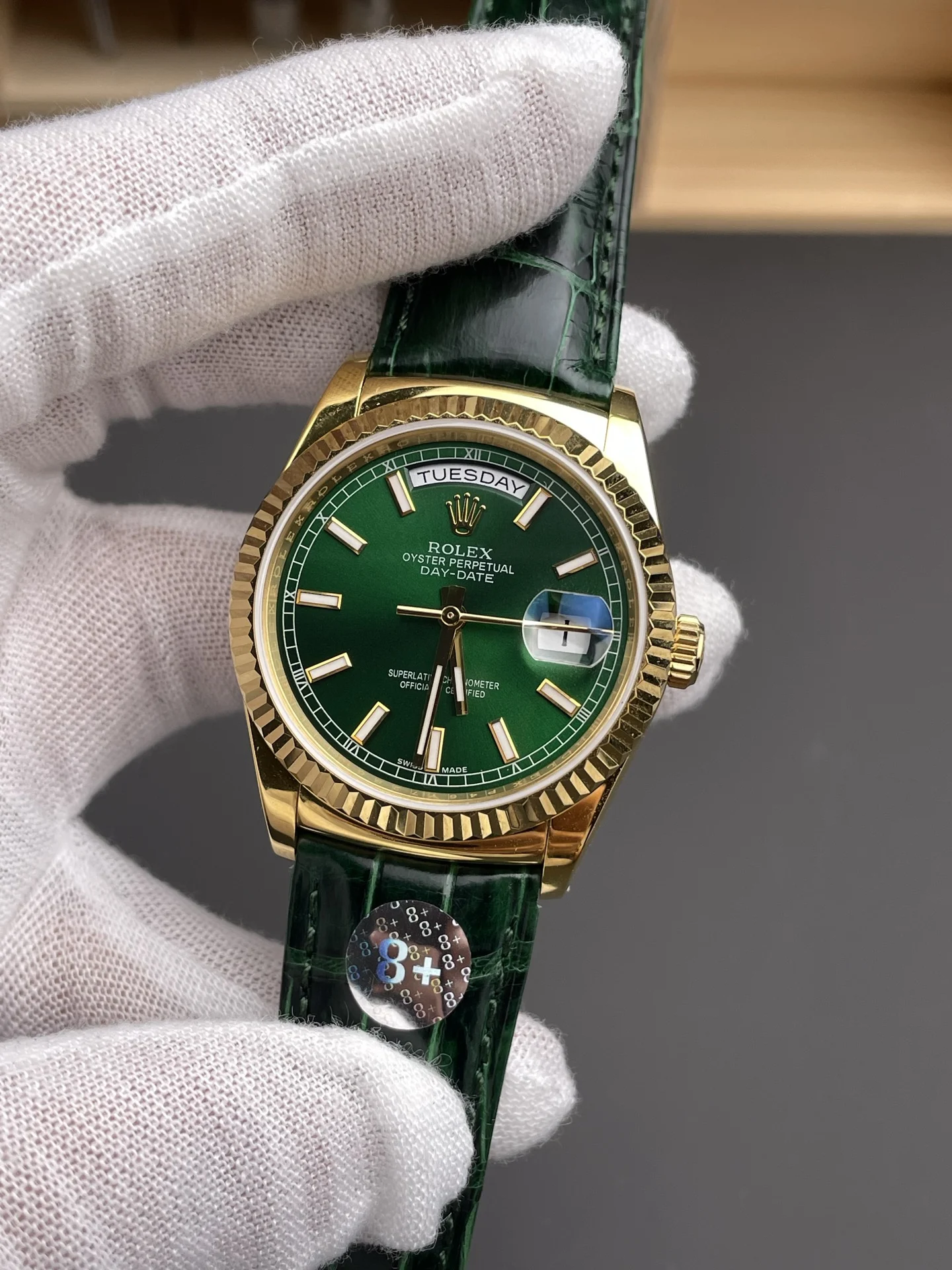 Rolex Day-Date Green Dial 36mm — photographed off the sweep