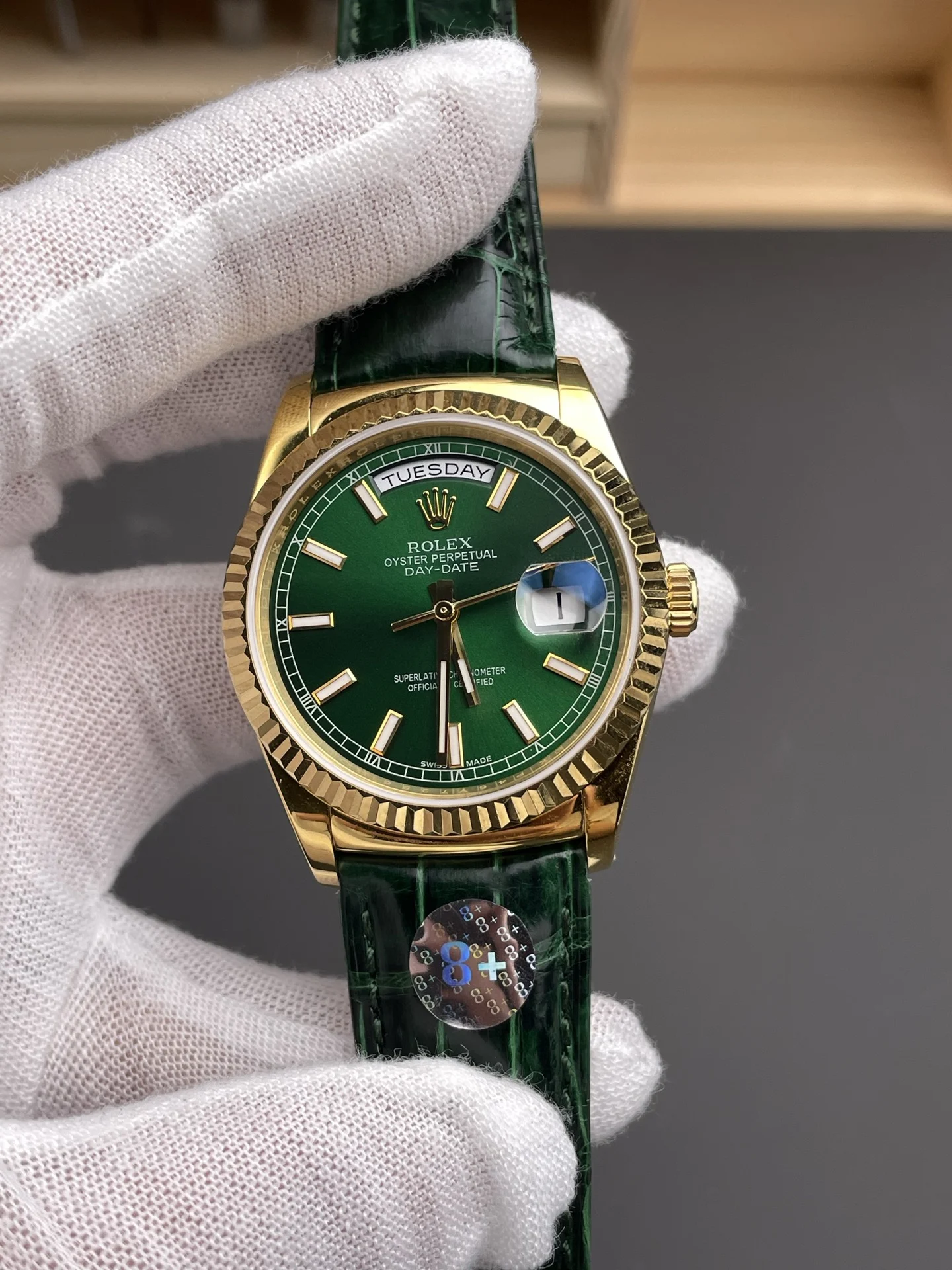 Rolex Day-Date Green Dial 36mm — photographed off the sweep
