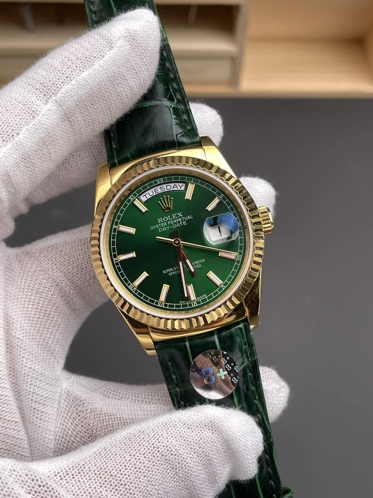 Rolex Day-Date Green Dial 36mm — photographed off the sweep