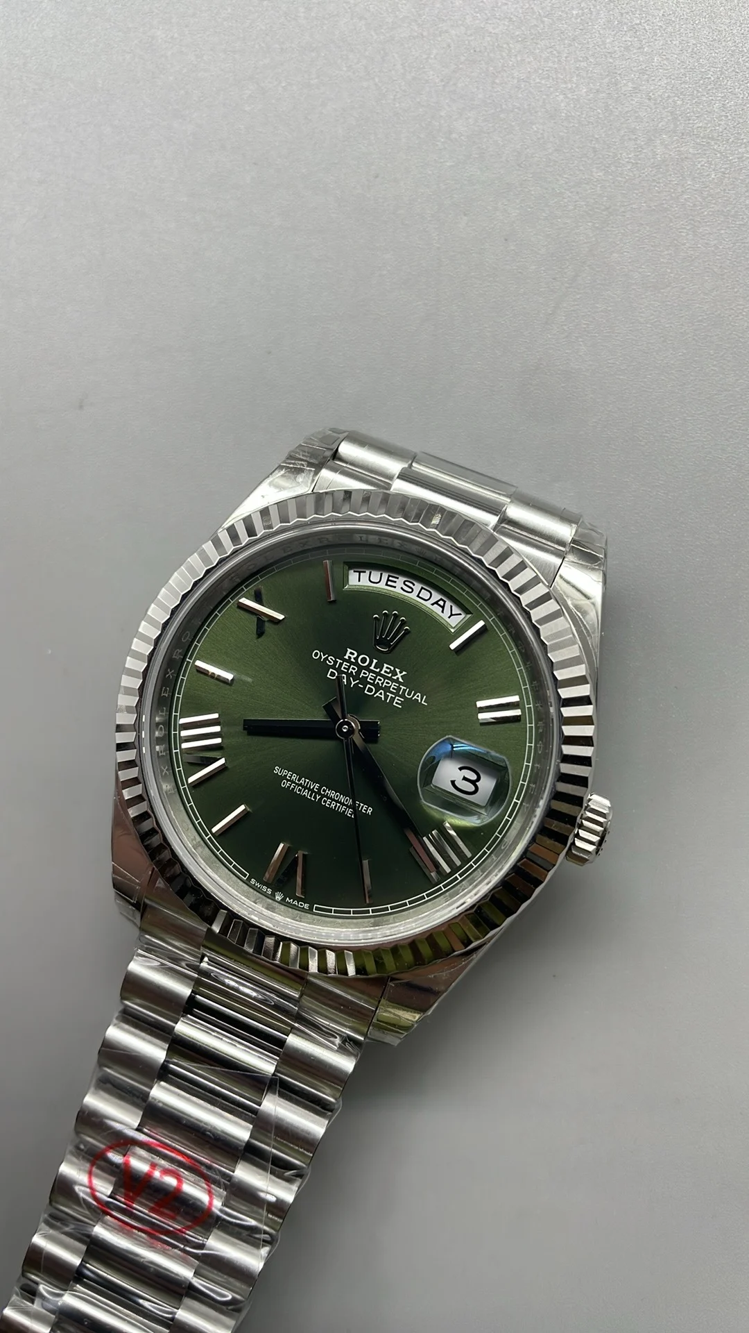 Rolex Day-Date Green Dial 40mm — photographed off the sweep