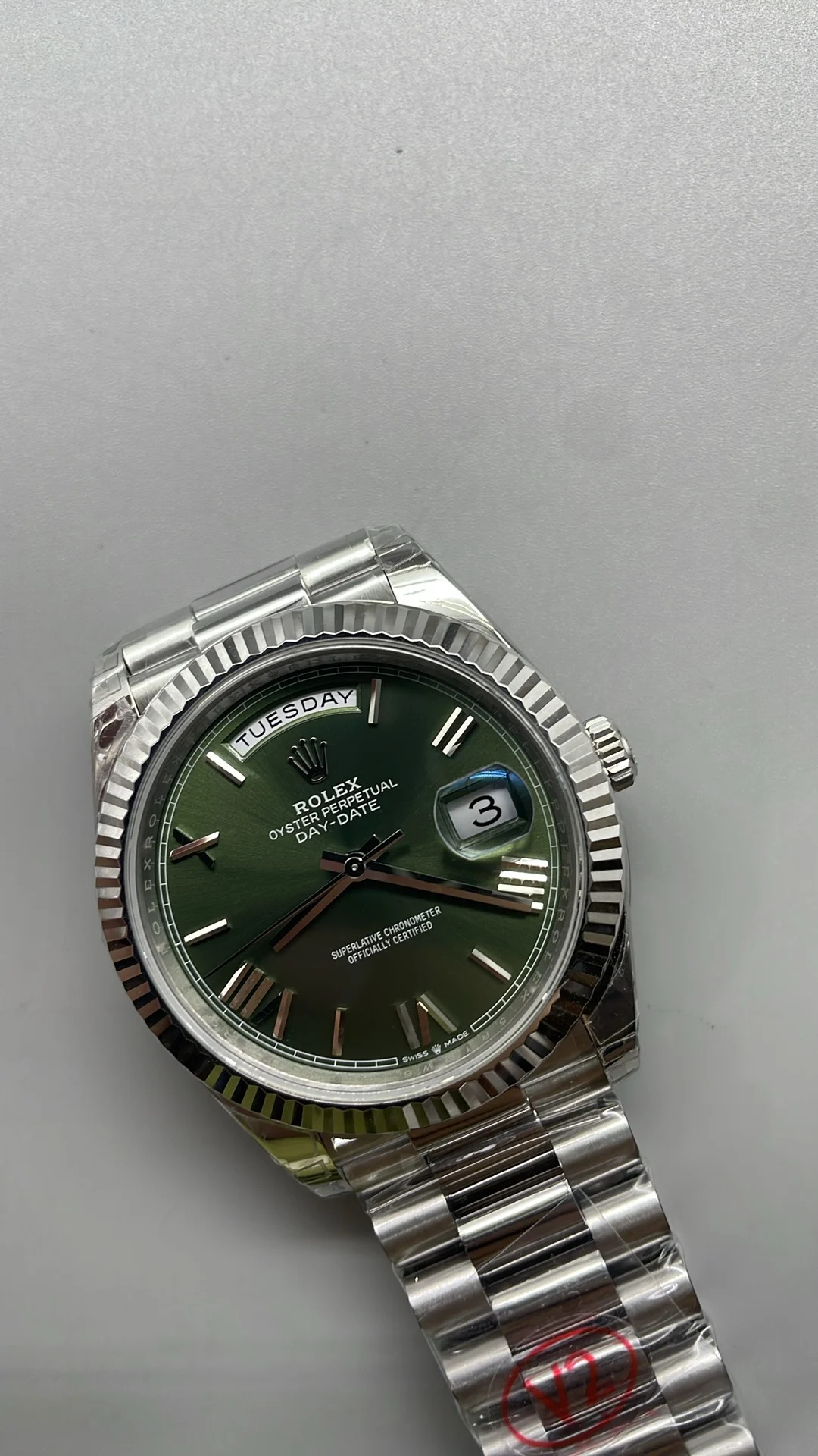 Rolex Day-Date Green Dial 40mm — photographed off the sweep