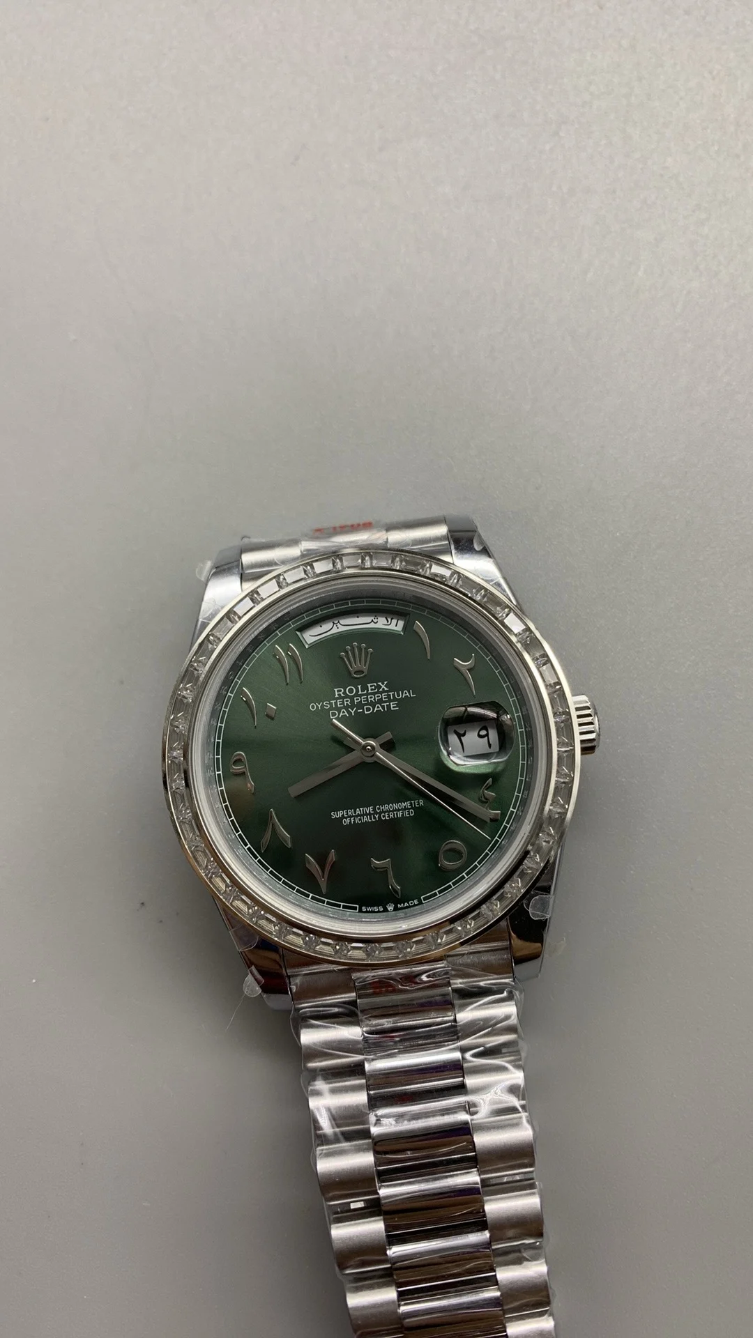 Rolex Day-Date Green Dial 40mm — photographed off the sweep