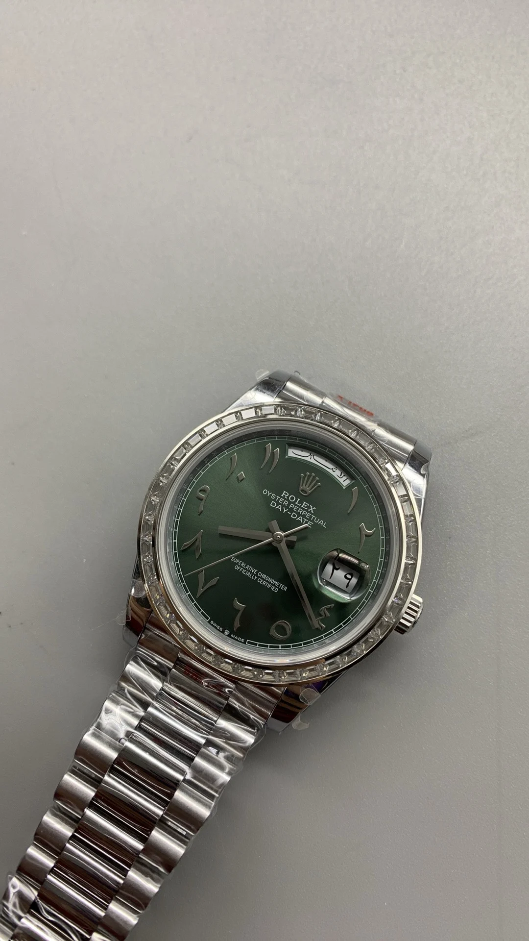 Rolex Day-Date Green Dial 40mm — photographed off the sweep