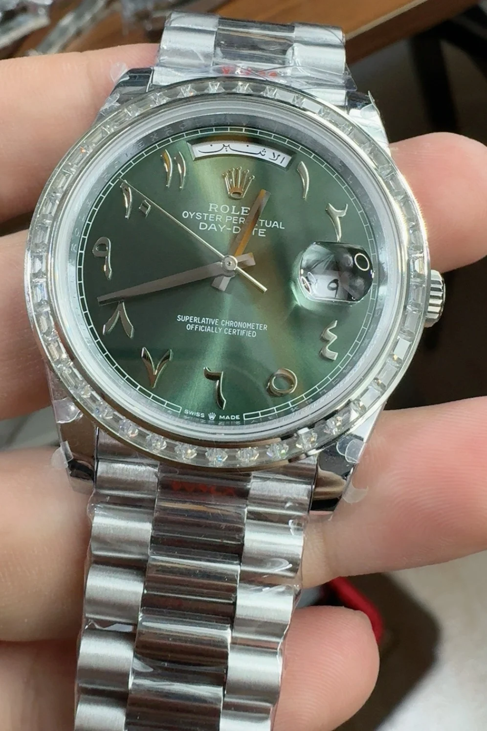 Rolex Day-Date Green Dial 40mm — photographed off the sweep