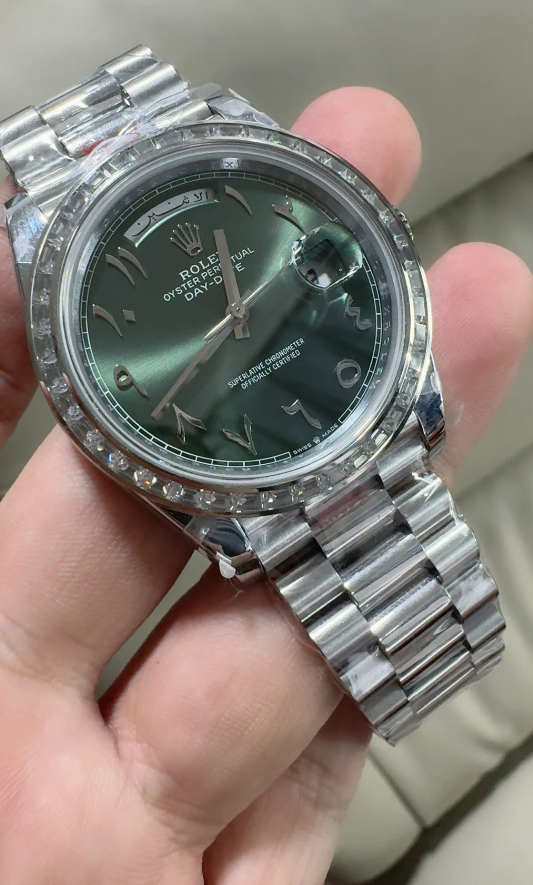 Rolex Day-Date Green Dial 40mm — photographed off the sweep