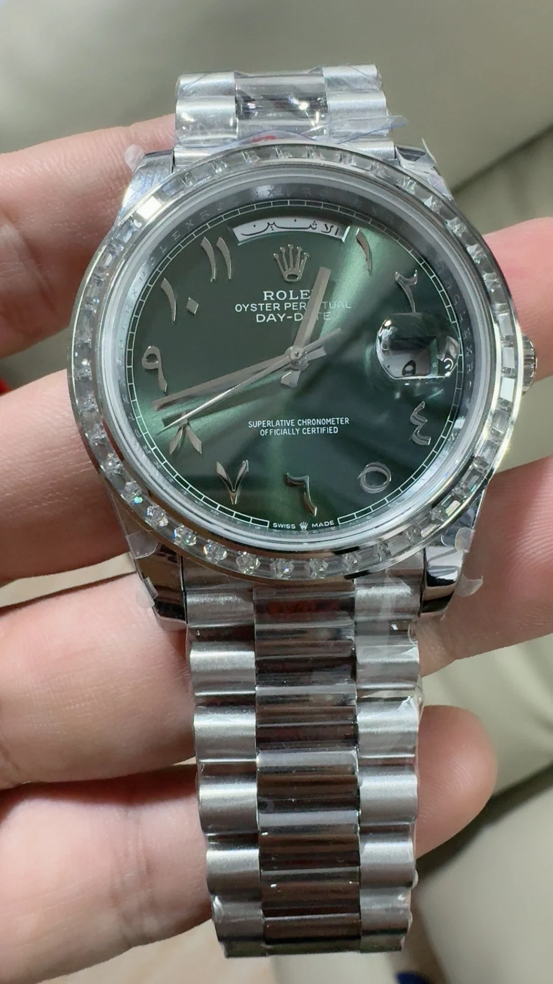 Rolex Day-Date Green Dial 40mm — photographed off the sweep
